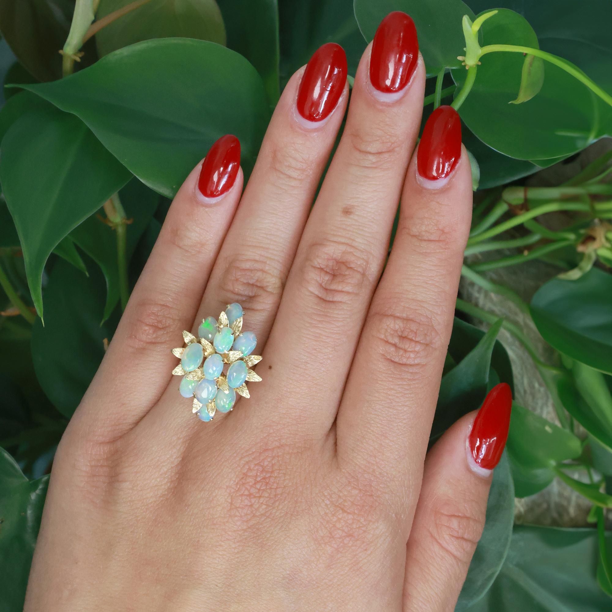 Vintage White Opal Floral Ring 14K Yellow Gold 3.08 CTW Size 7 Ladies Estate