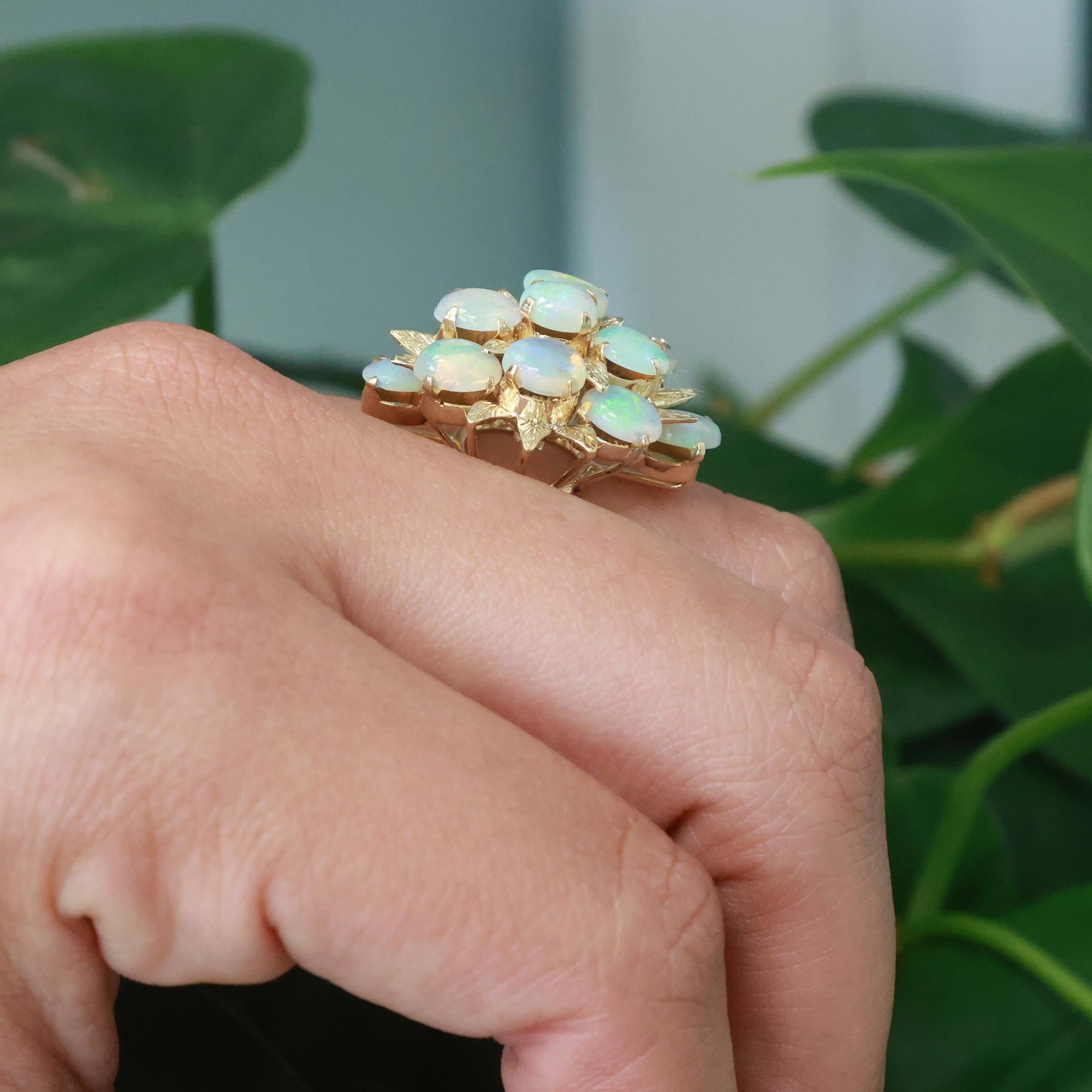 Vintage White Opal Floral Ring 14K Yellow Gold 3.08 CTW Size 7 Ladies Estate