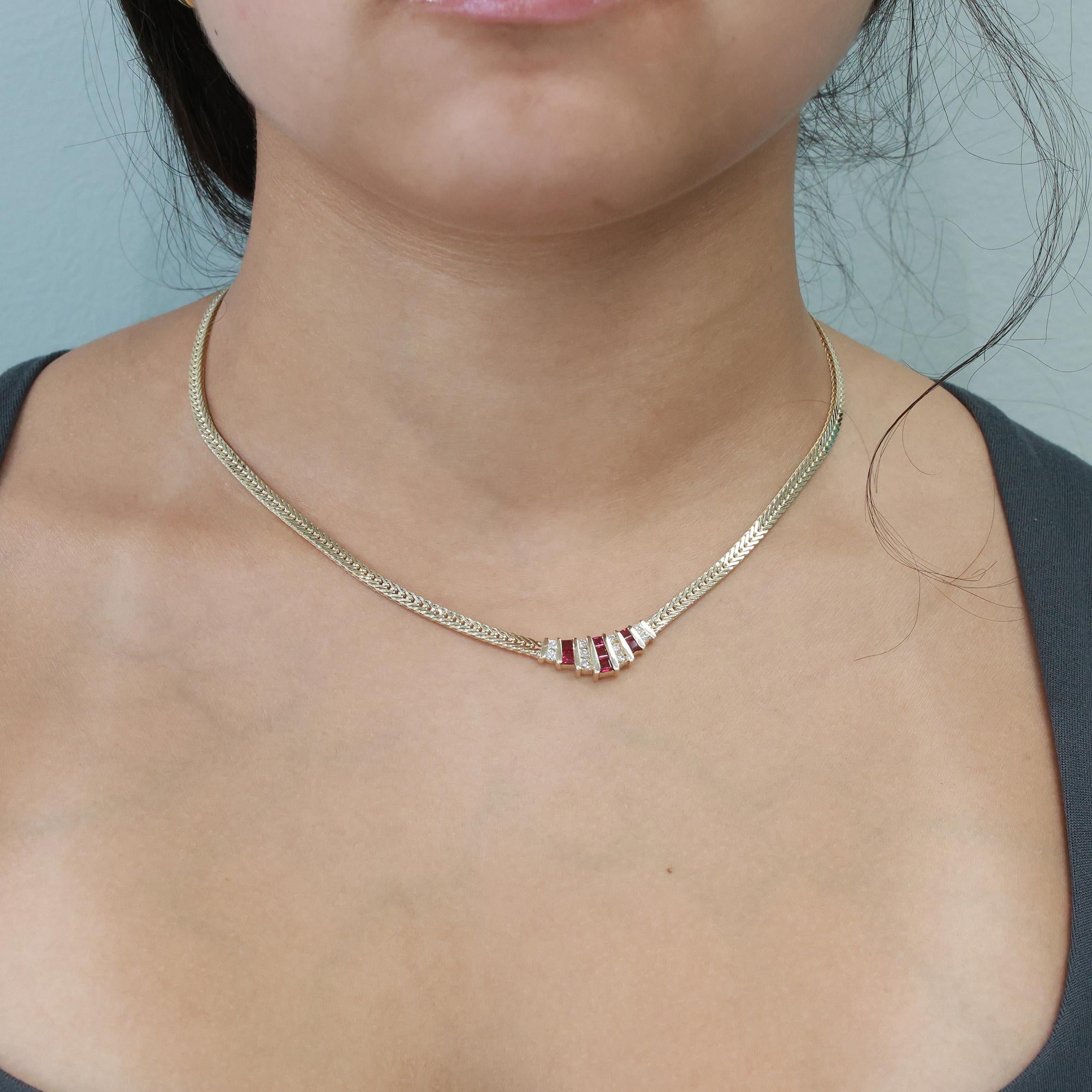 Ruby Diamond Foxtail Chain Necklace 14K Yellow Gold 0.97 CTW 16.25" Estate