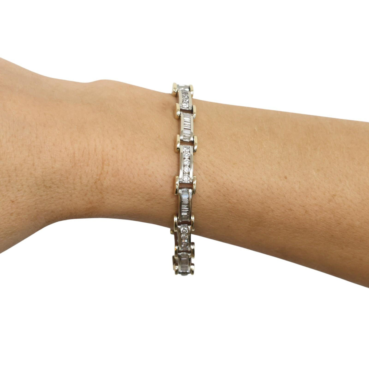 Natural Diamond Link Bracelet 14K Two-Tone Gold 4.00 CTW Round Baguette 7"