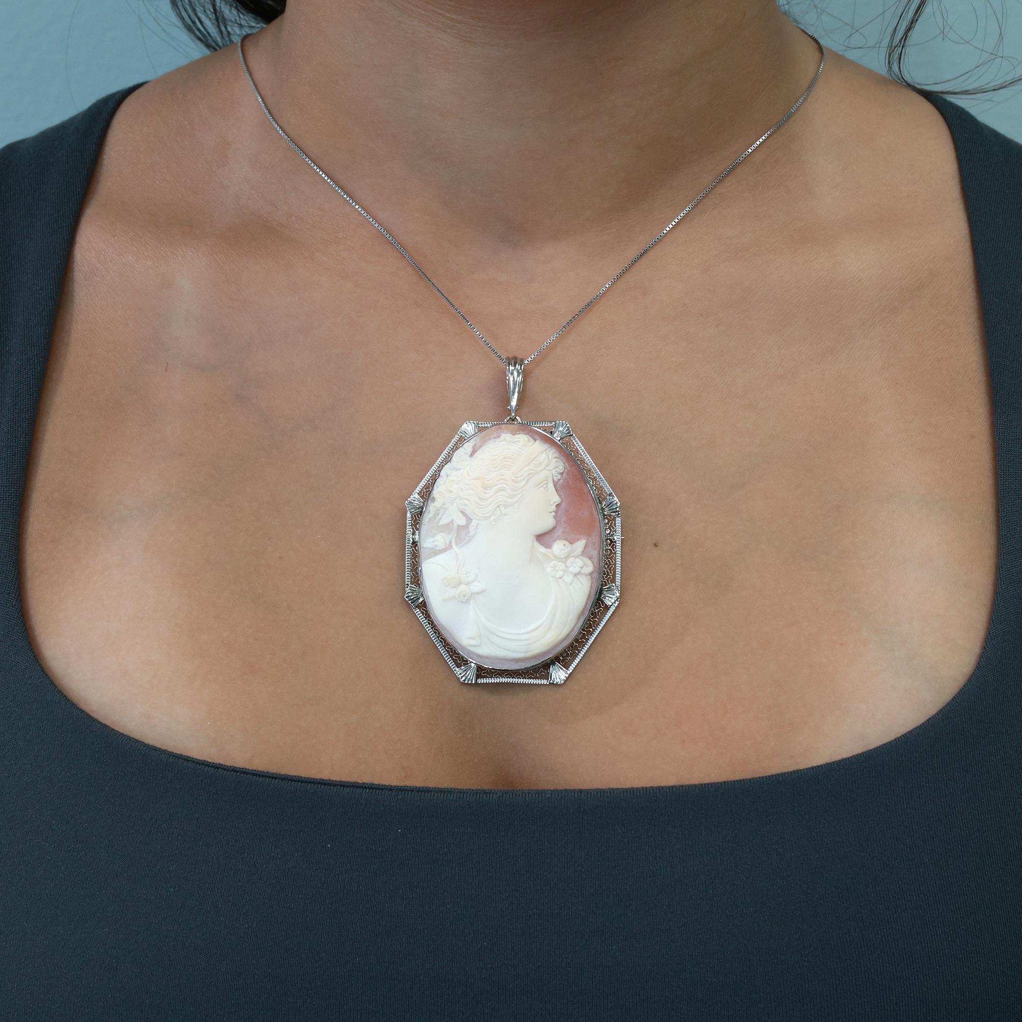 Large Cameo Brooch Pin Pendant 14K White Gold Filigree Frame Vintage 2.90"