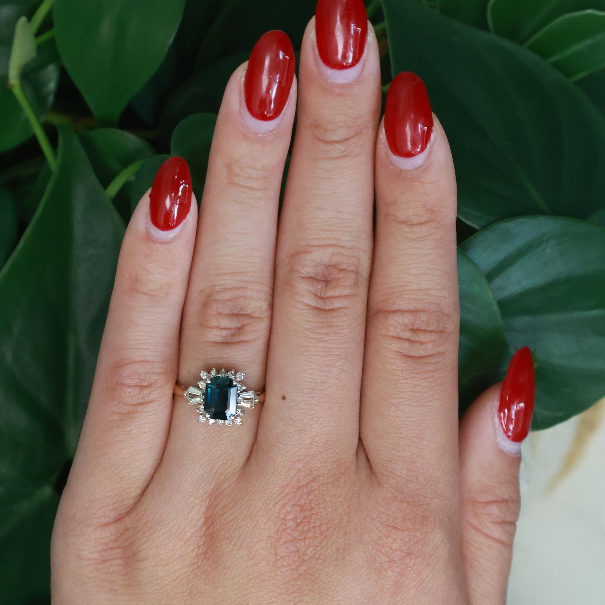 Green Sapphire Halo Diamond Floral Ring 14K Gold 2.15 CTW Emerald Cut Size 7