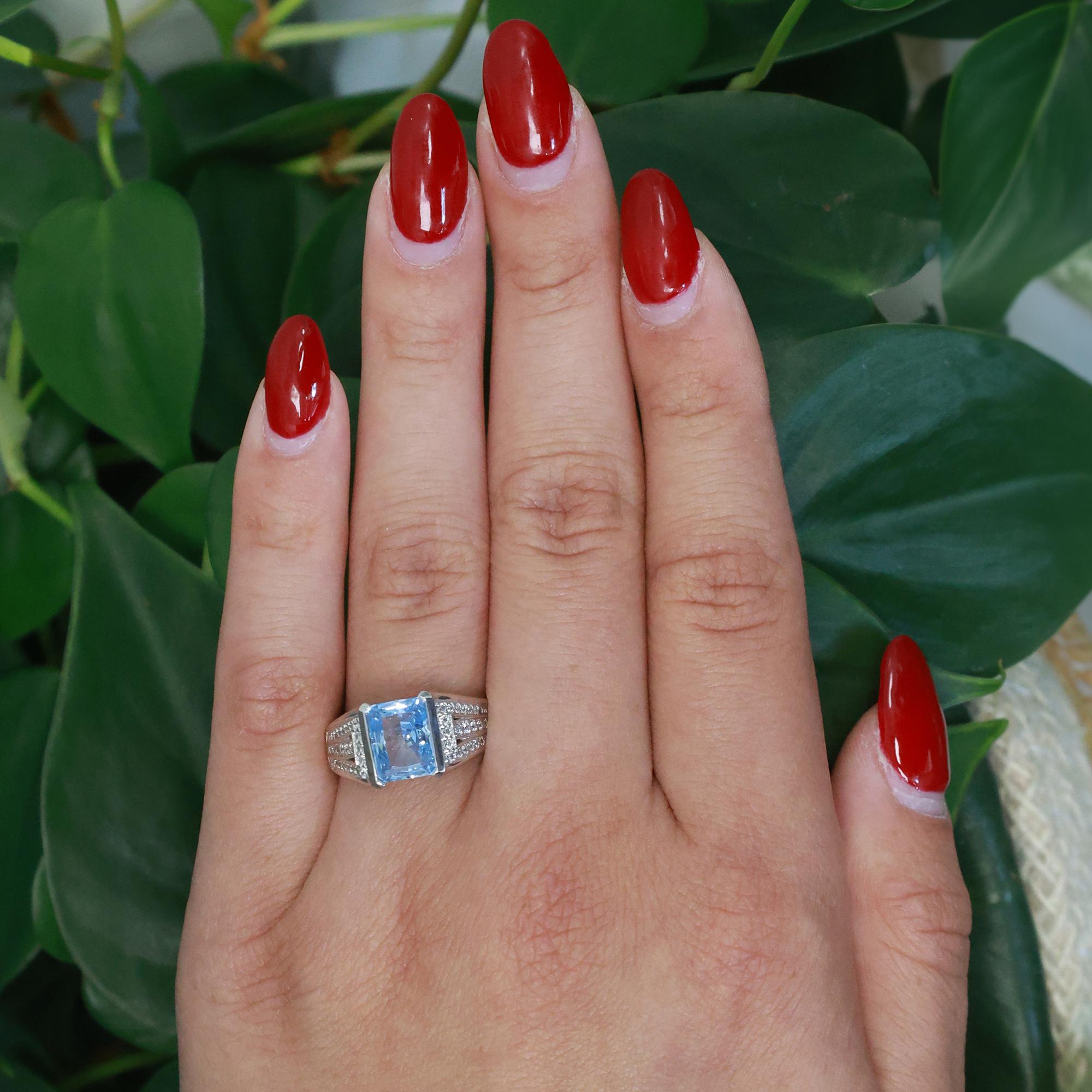 Emerald Cut Sapphire Solitaire Ring 14K White Gold CZ Accents Lab Grown SZ 8.25