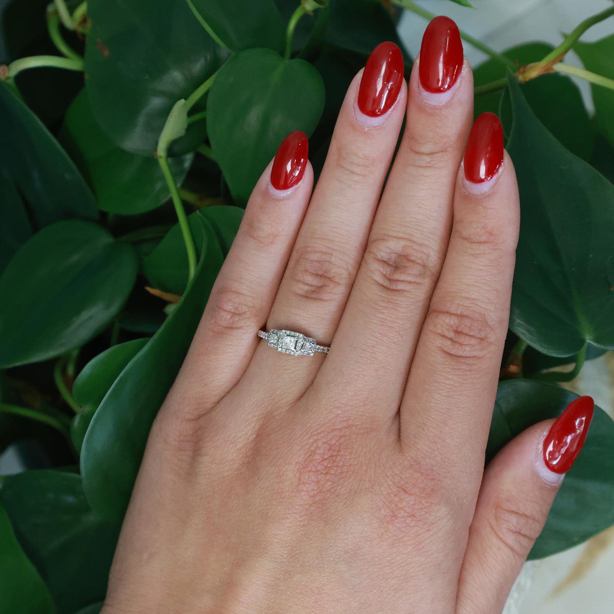 0.60 TW 3-Stone Princess Cut Halo Diamond Engagement Ring 14K White Gold Size 6