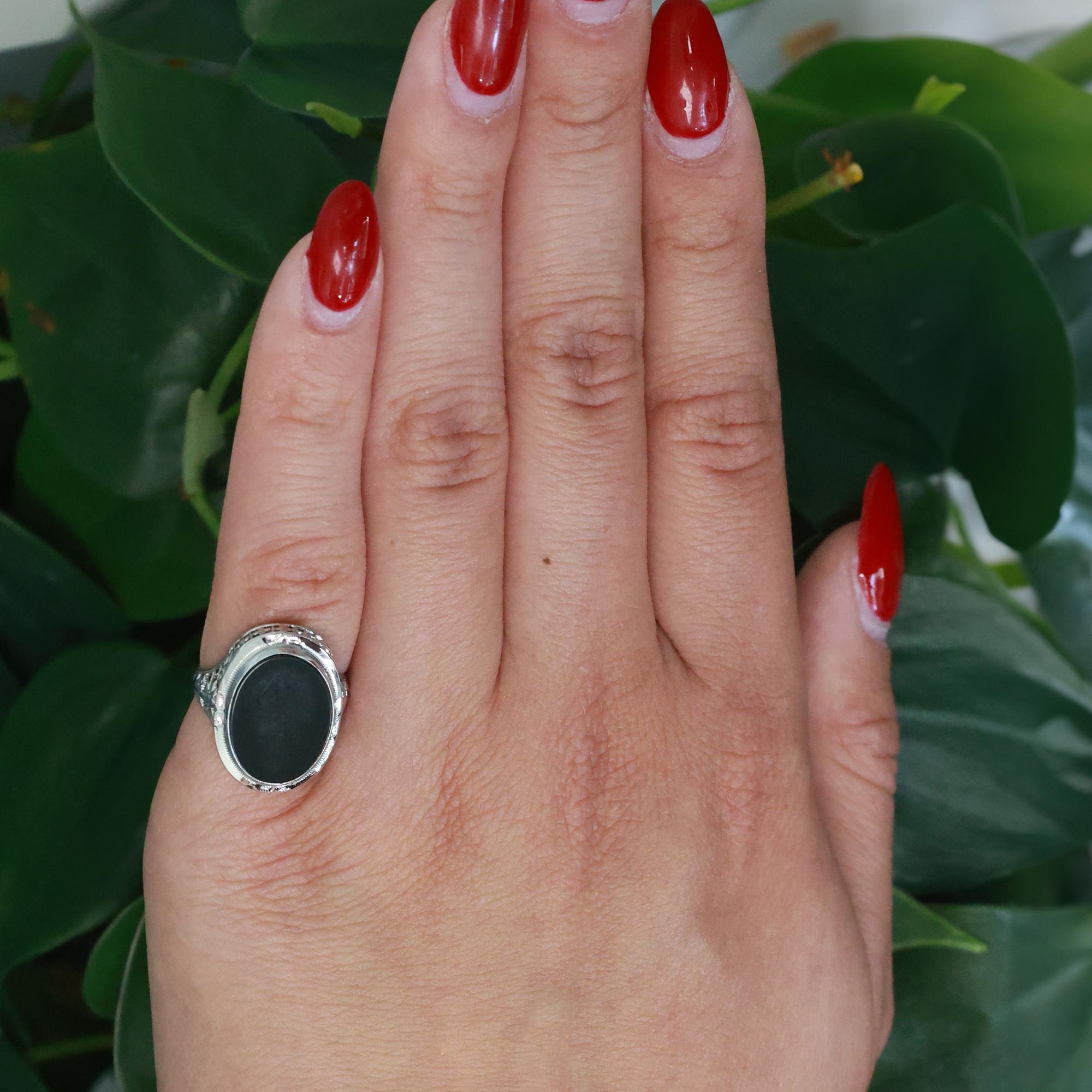 Vintage Filigree Black Onyx Signet Ring 14K White Gold Oval Gem Size 4.75 Estate