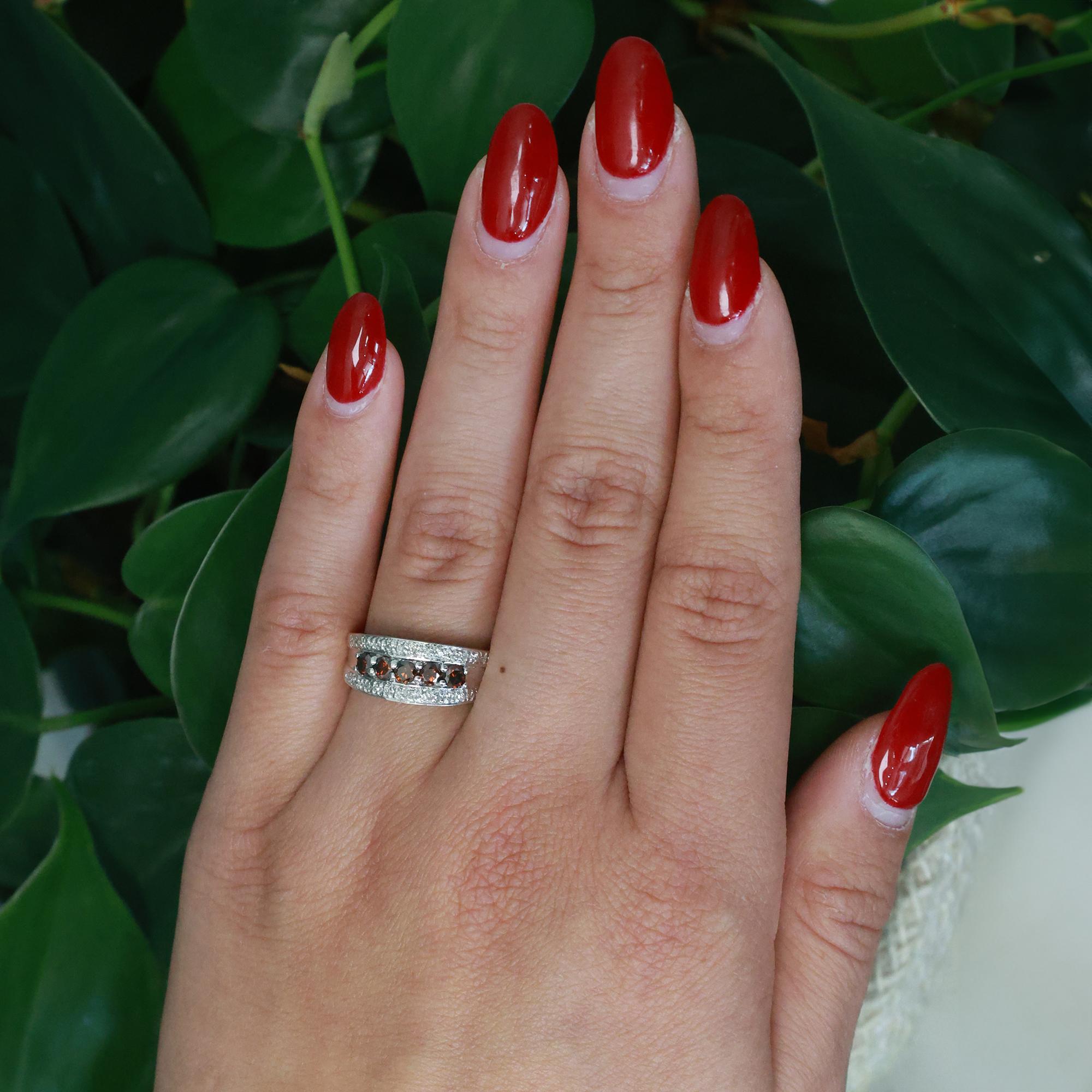 5-Stone Cognac Diamond Accented Band Ring 18K White Gold 0.85 TW Size 7.25