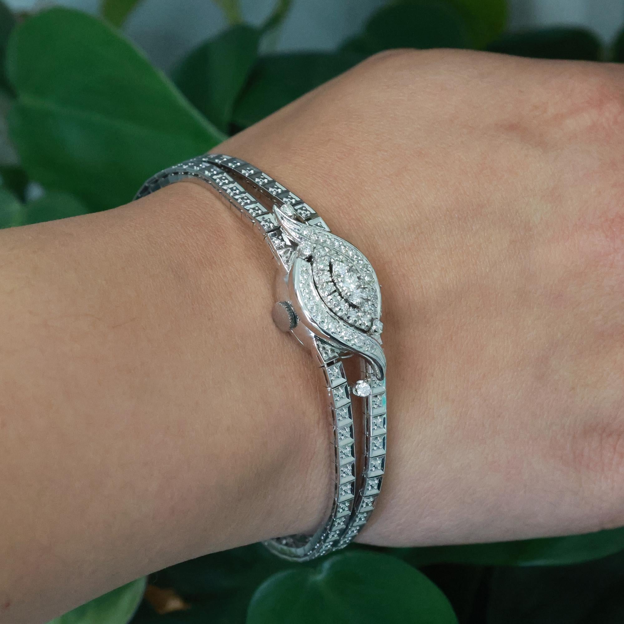 1970s Belvil Diamond Ladies Watch Flip Top Case 14K White Gold 0.70 TW 7.25"