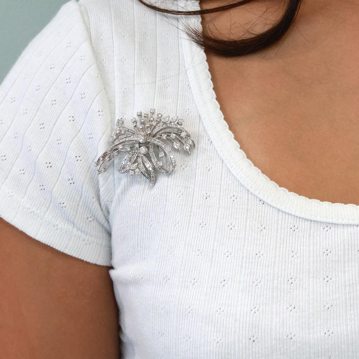 Floral Diamond Brooch Pin Pendant 14K White Gold 3.50 TW Starburst 2.15"