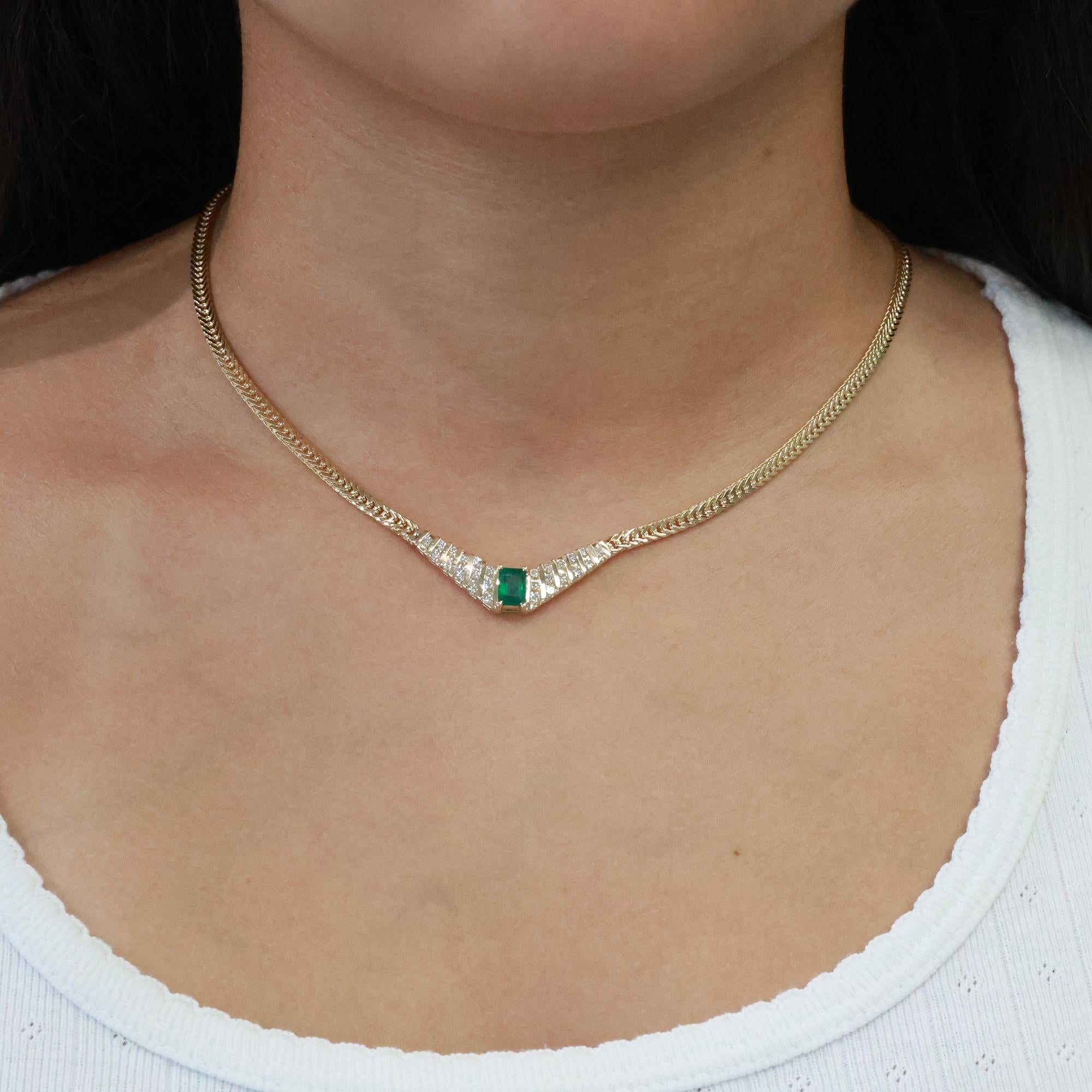 Emerald Cut Emerald Diamond Necklace 14K Yellow Gold 1.85 CTW 16" Estate