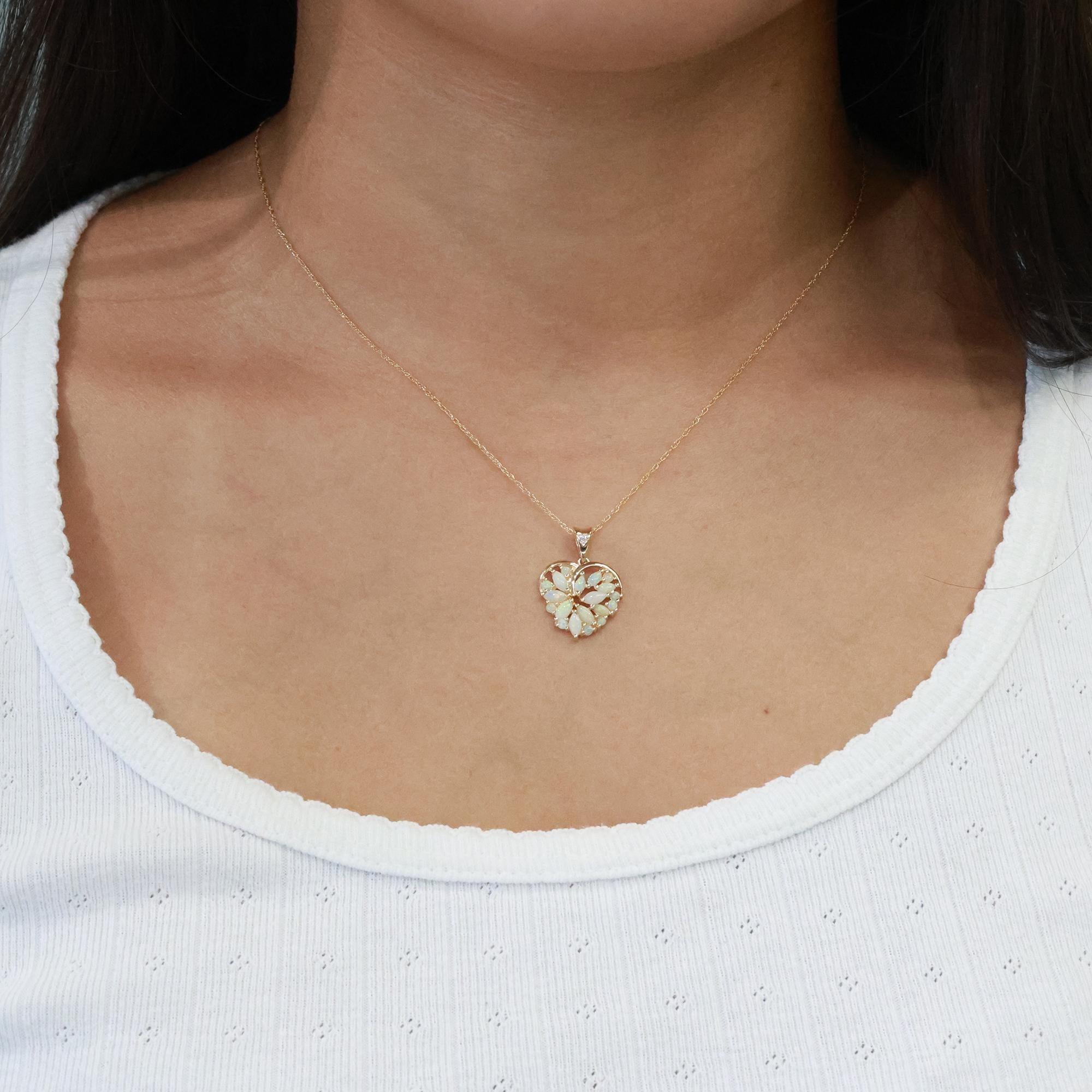 Opal Diamond Heart Pendant Chain Necklace 14K Yellow Gold 0.67 CTW 18" Estate