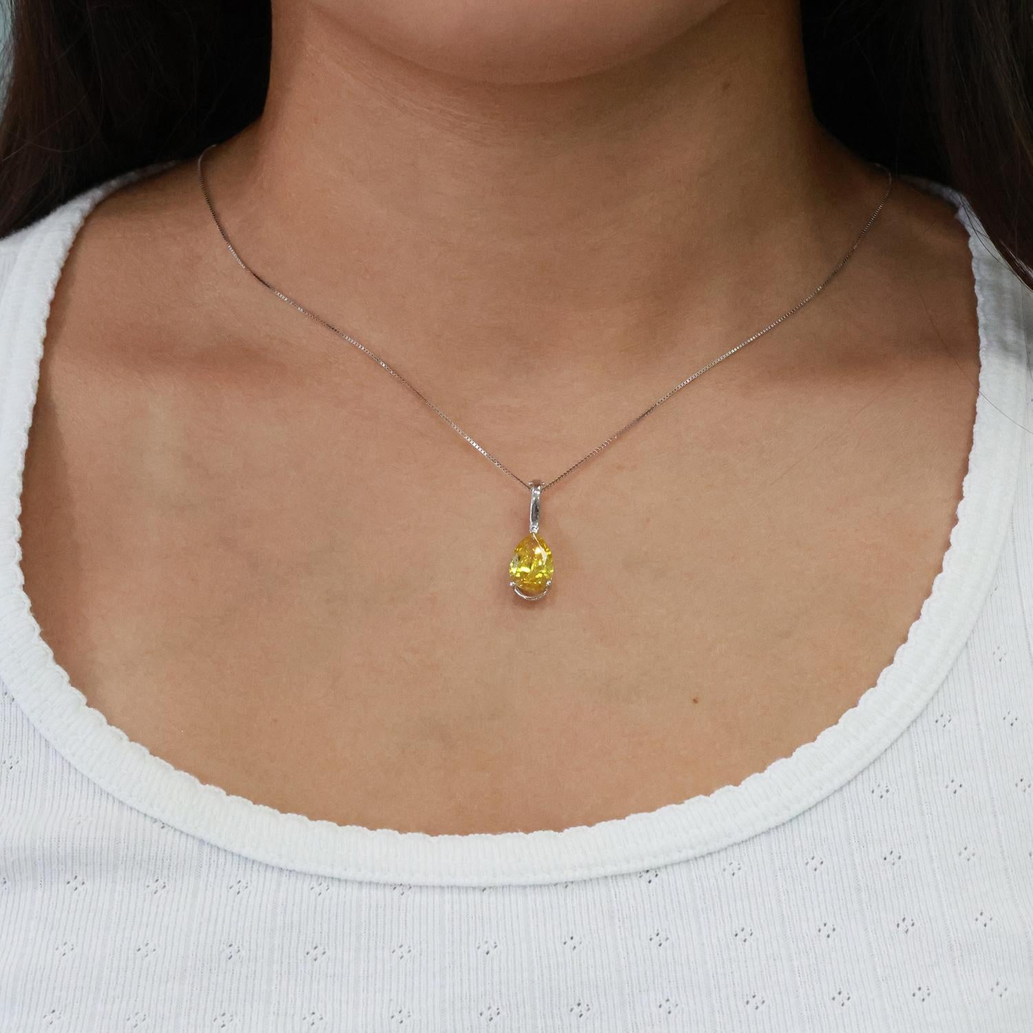 3.80TW Solitaire Pear Yellow Diamond Pendant Chain Necklace 14K White Gold 16.5"