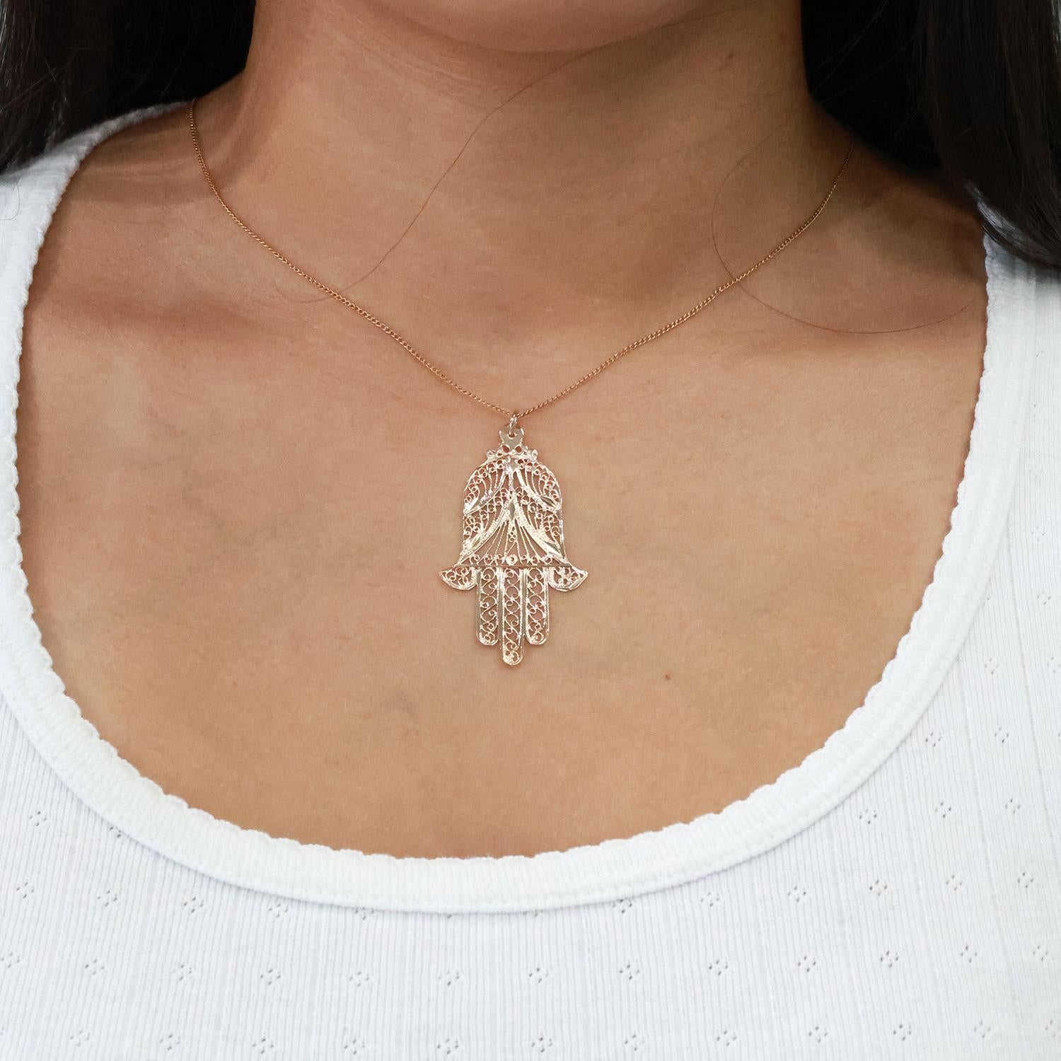Religious Filigree Hamsa Hand Pendant Charm 14K Yellow Gold 2.05" Unisex Estate