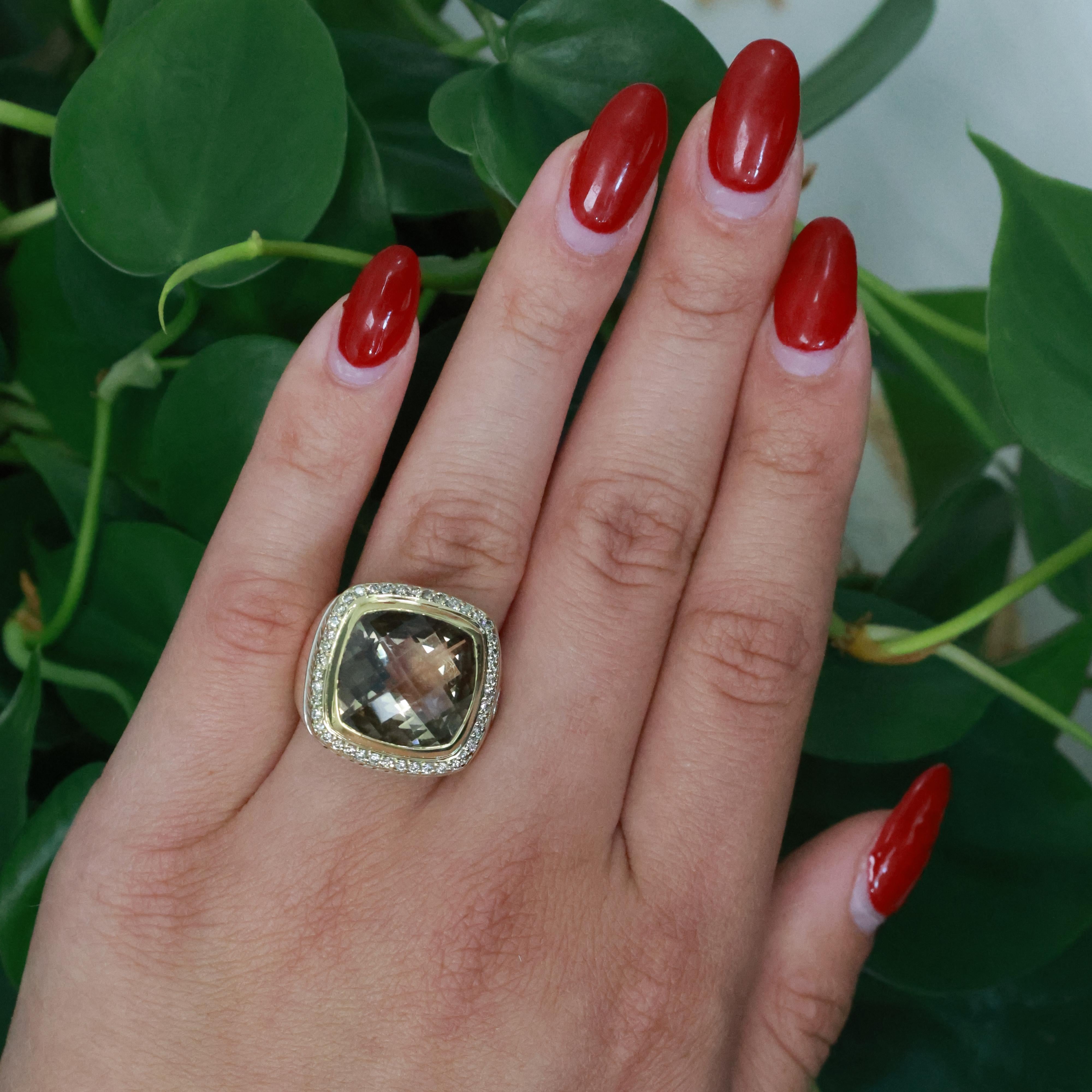David Yurman Albion Citrine Diamond Halo Ring 18K Gold Sterling Silver Size 7.25