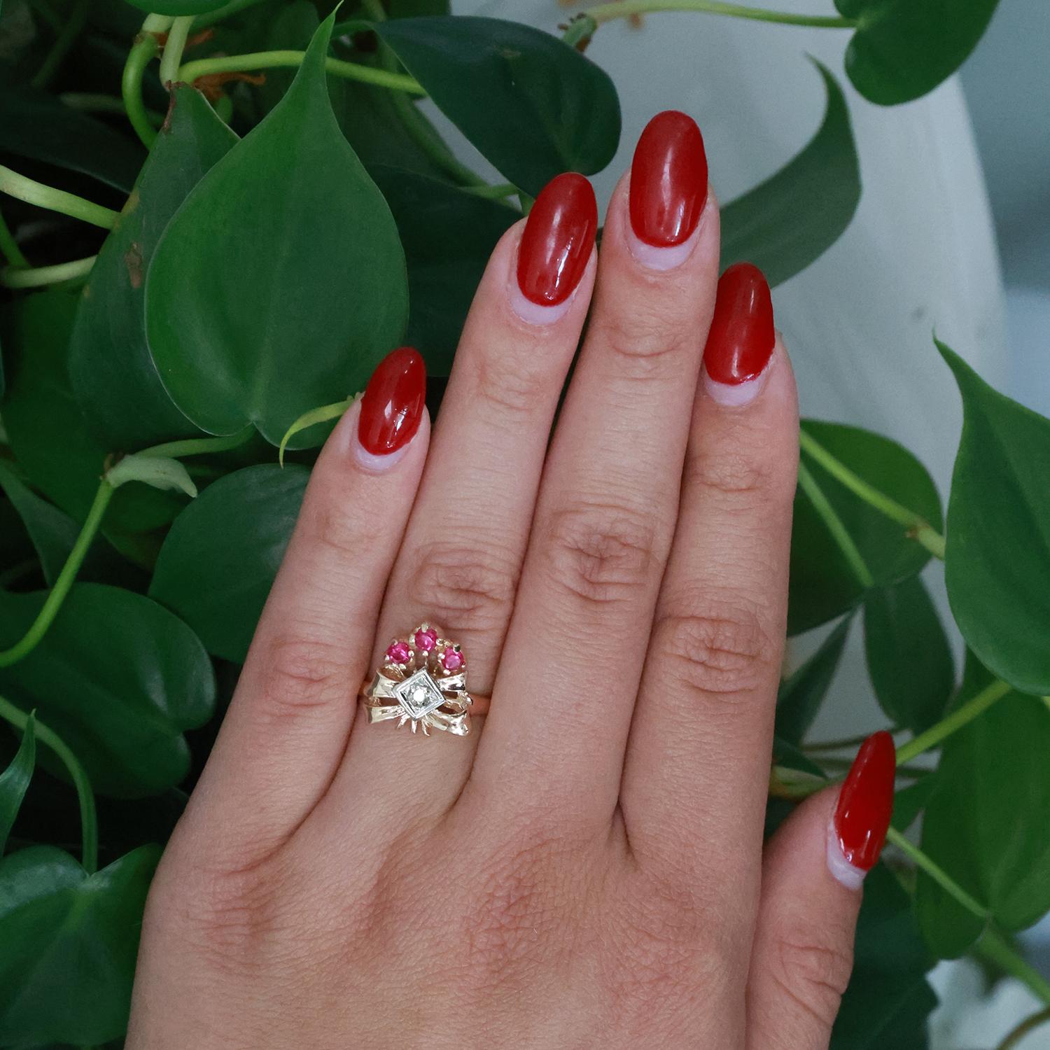 Old Euro Diamond Ruby Accent Bow Ring 14K Gold 0.60 CTW Size 7.25 Ladies Estate