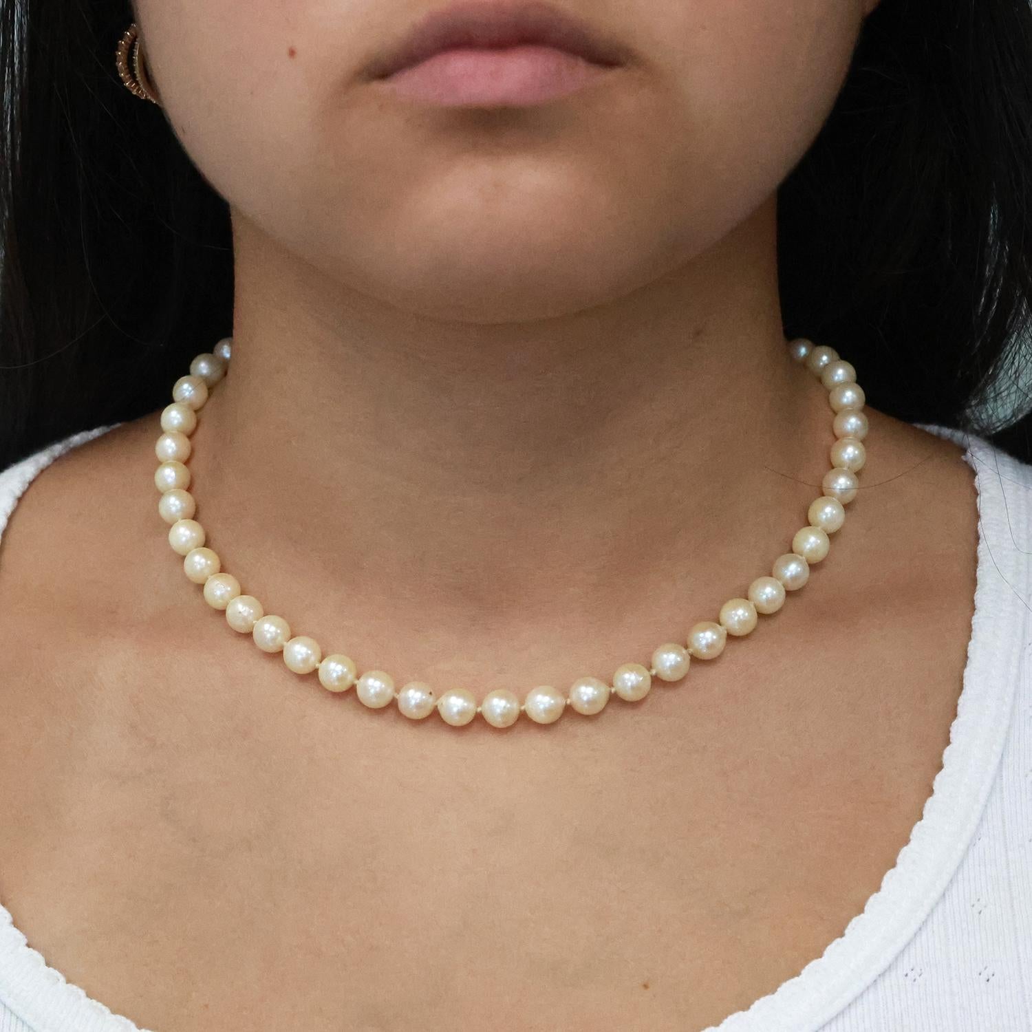 Vintage Cultured Akoya Pearl Necklace 14K White Gold Filigree Clasp 16.5" Estate