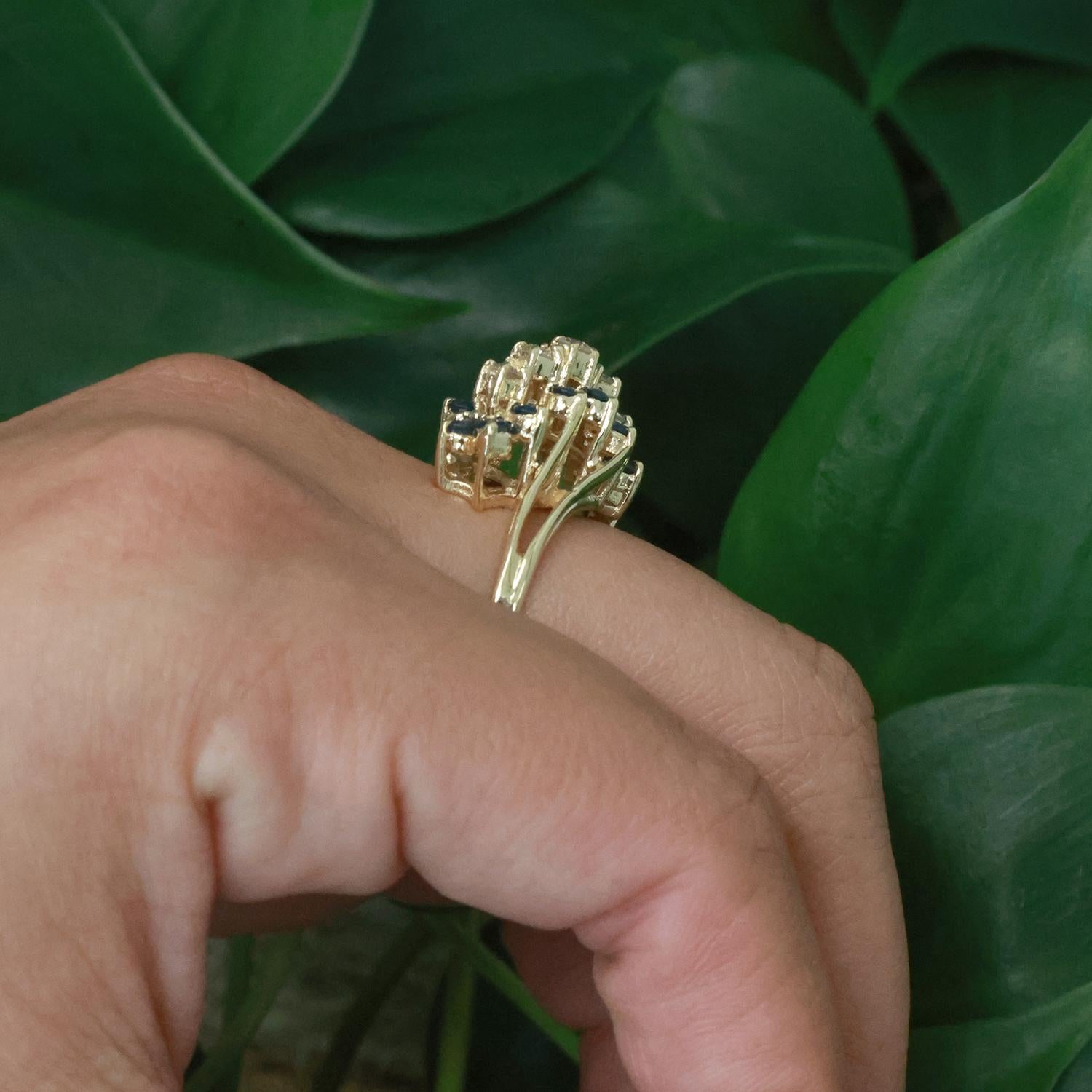 Sapphire Diamond Cocktail Ring 14K Yellow Gold 2.03 CTW Size 8.5 Ladies Estate