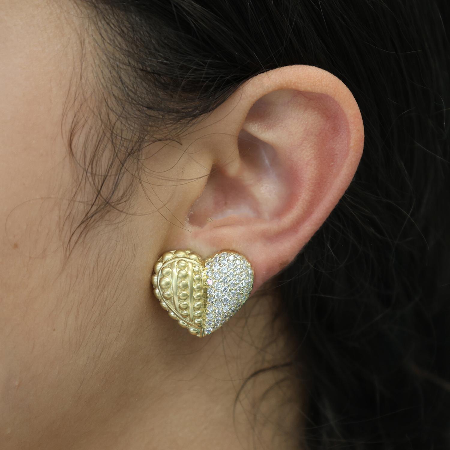 Judith Ripka Diamond Heart Clip On Earrings Omega Backs 18K Gold 2.75 TW 0.75"