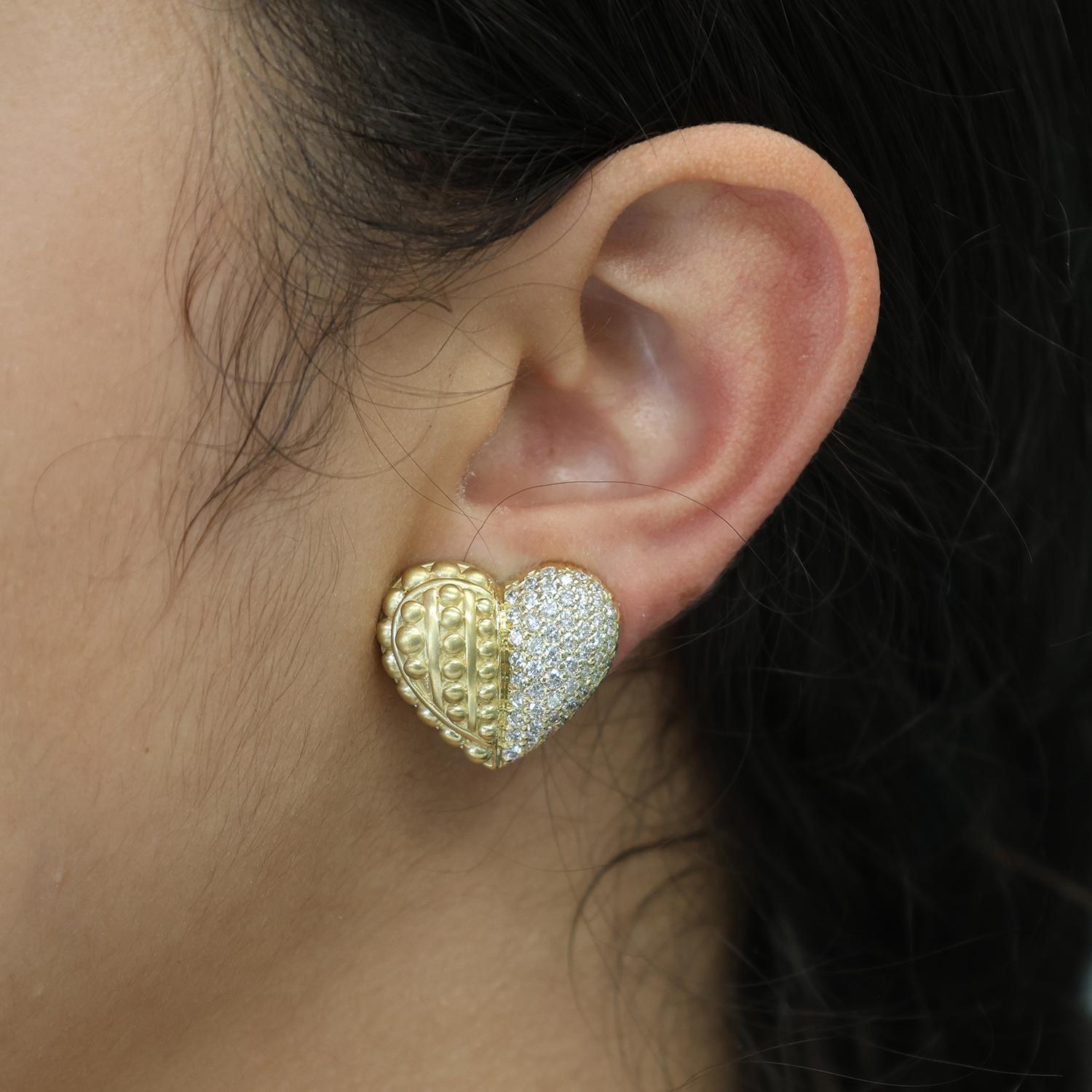 Judith Ripka Diamond Heart Clip On Earrings Omega Backs 18K Gold 2.75 TW 0.75"