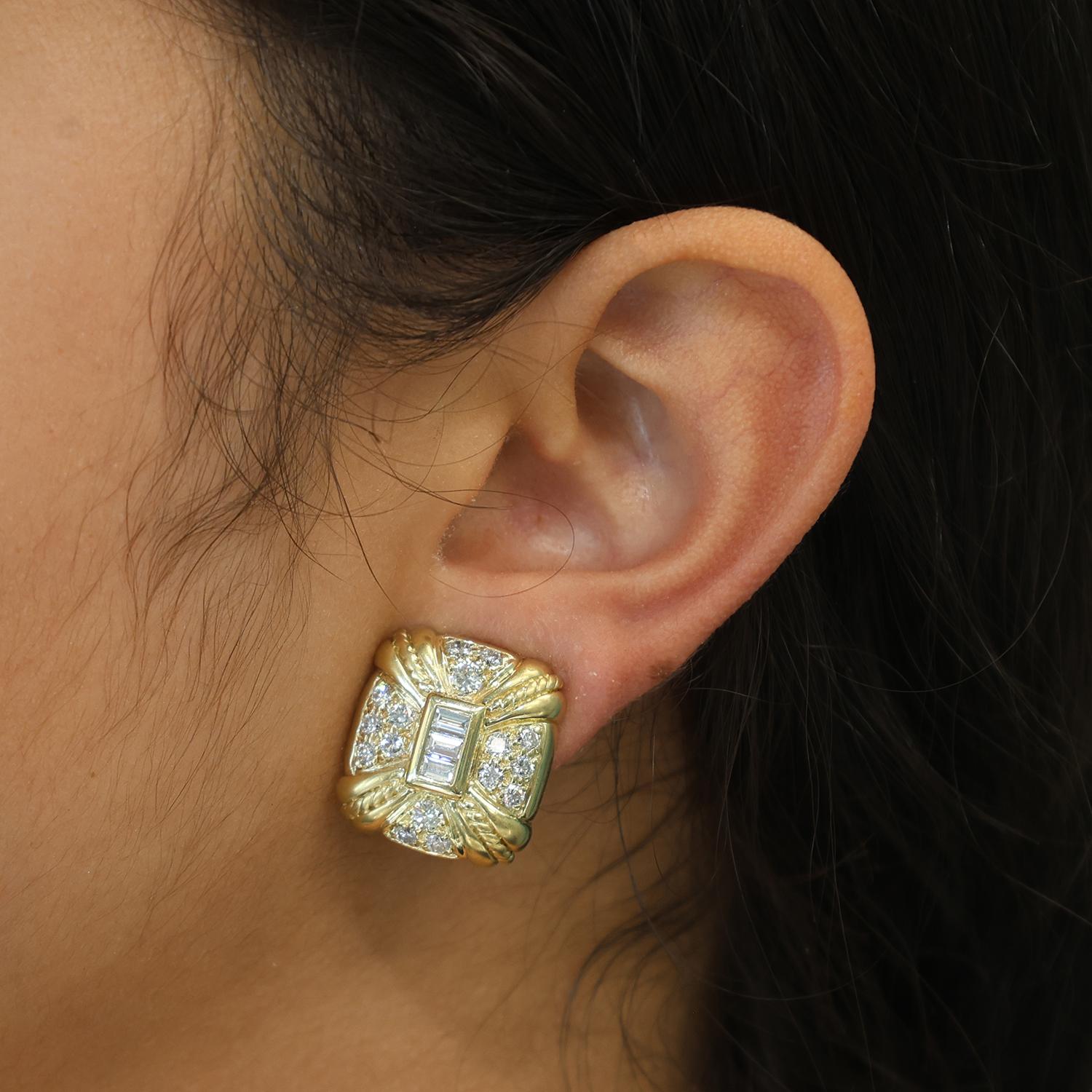 Judith Ripka Diamond Square Clip On Earrings Omega Backs 18K Gold 3.00 TW 0.78"