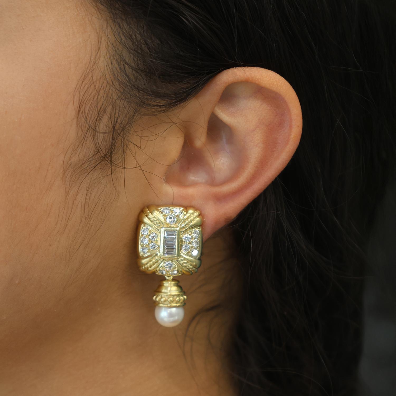 Judith Ripka Diamond Square Clip On Earrings Omega Backs 18K Gold 3.00 TW 0.78"