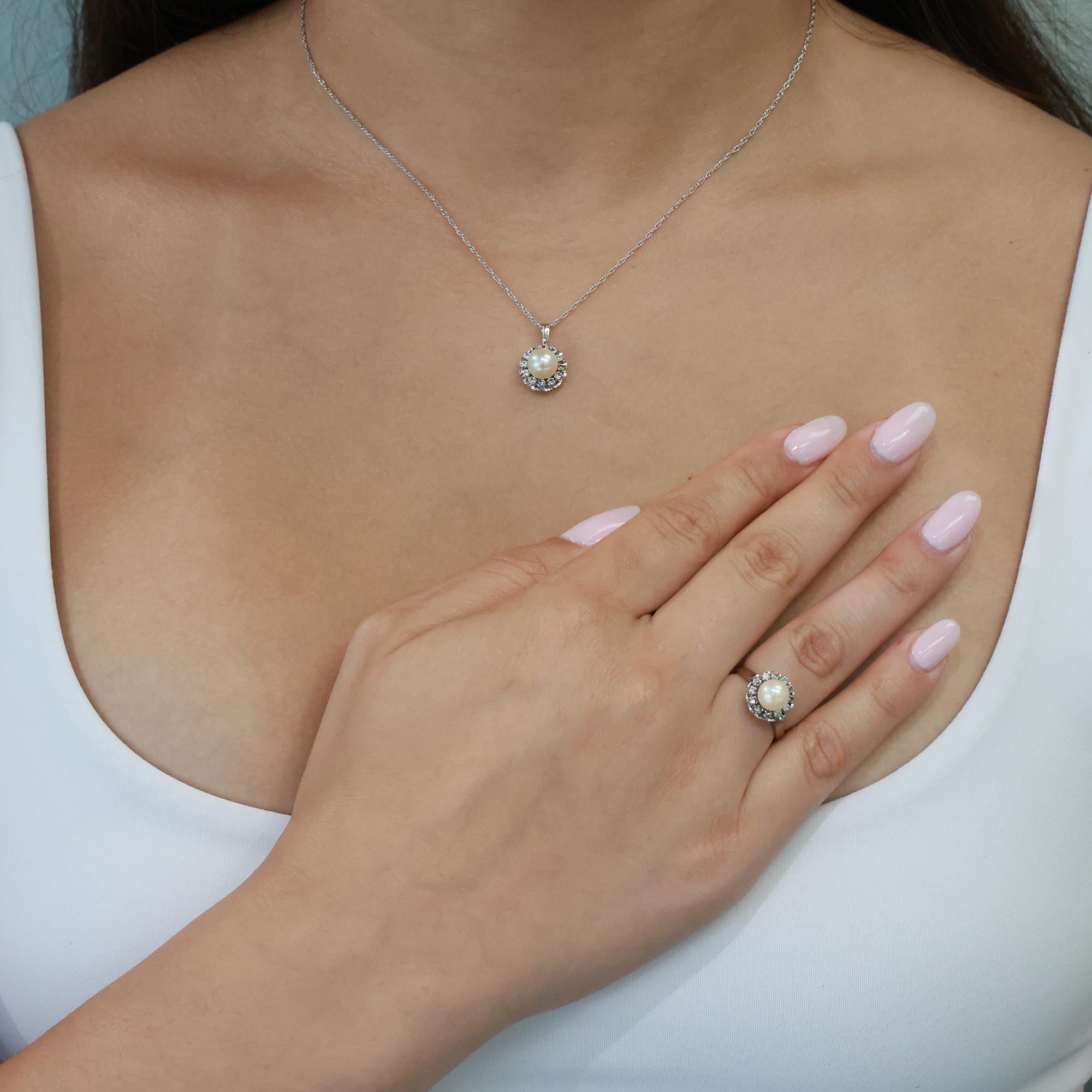 Akoya Pearl Quartz Halo Pendant Chain Necklace 14K/18K White Gold 16.75"