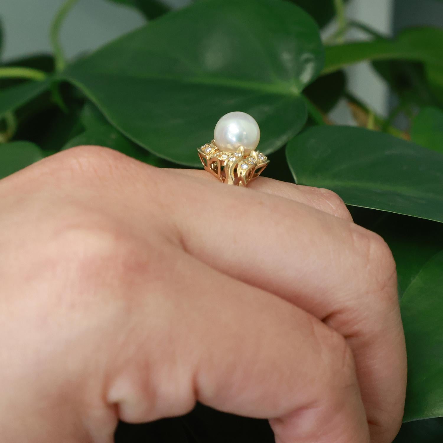 Mikimoto Akoya Pearl Diamond Cocktail Ring 18K Yellow Gold Floral Size 6.5