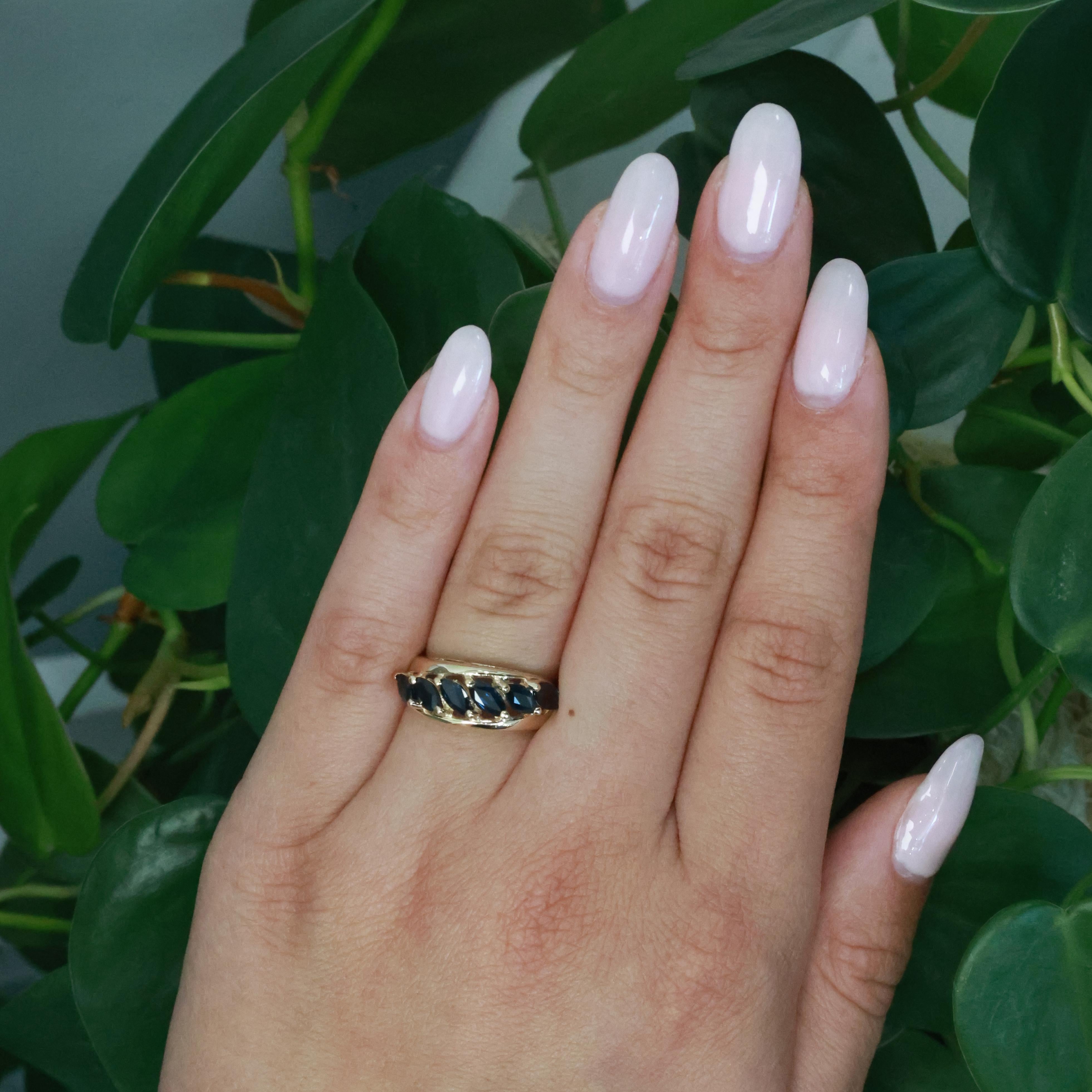 6 Stone Marquise Cut Blue Sapphire Ring 10K Yellow Gold 1.68 CTW Size 5.75