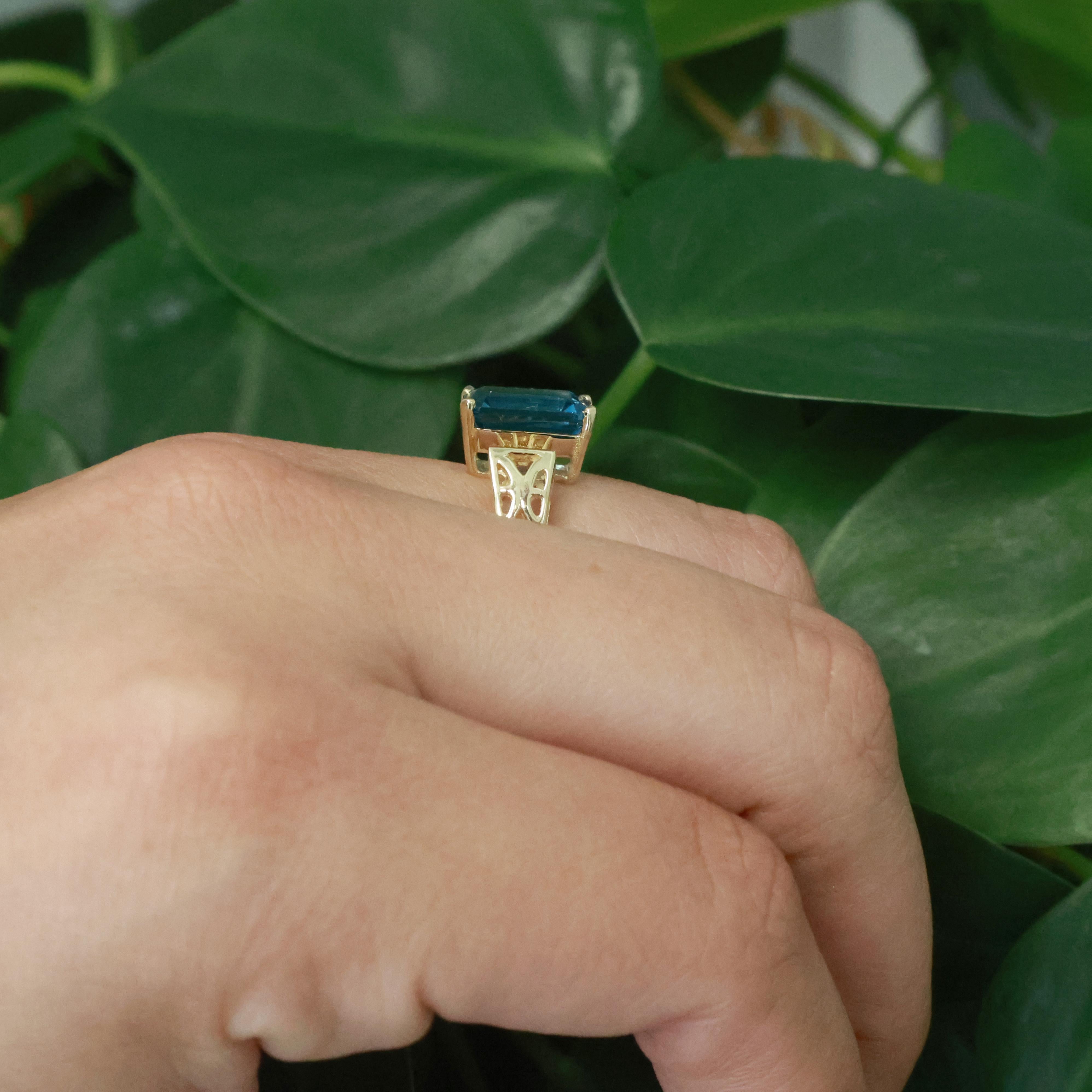 4.26 CT Blue Topaz Solitaire Ring 10K Yellow Gold Emerald Cut Size 5.75 Ladies