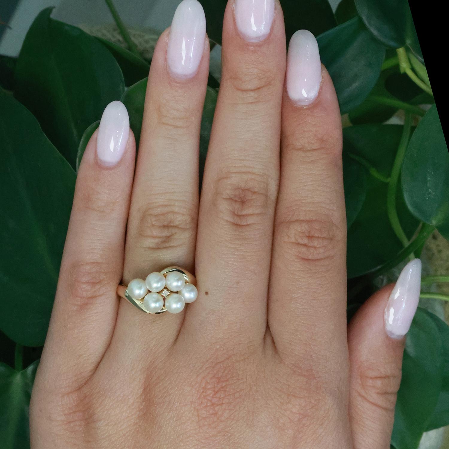 Cultured Akoya Pearl Diamond Cocktail Ring 10K Yellow Gold Swirl Size 6.25