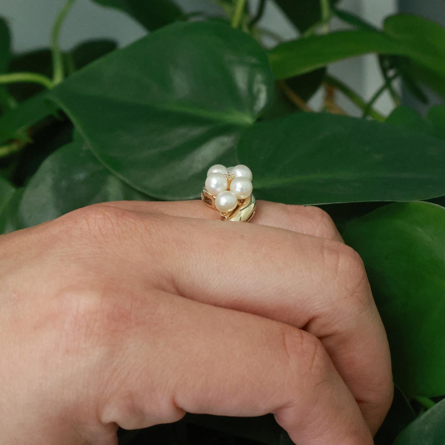 Cultured Akoya Pearl Diamond Cocktail Ring 10K Yellow Gold Swirl Size 6.25