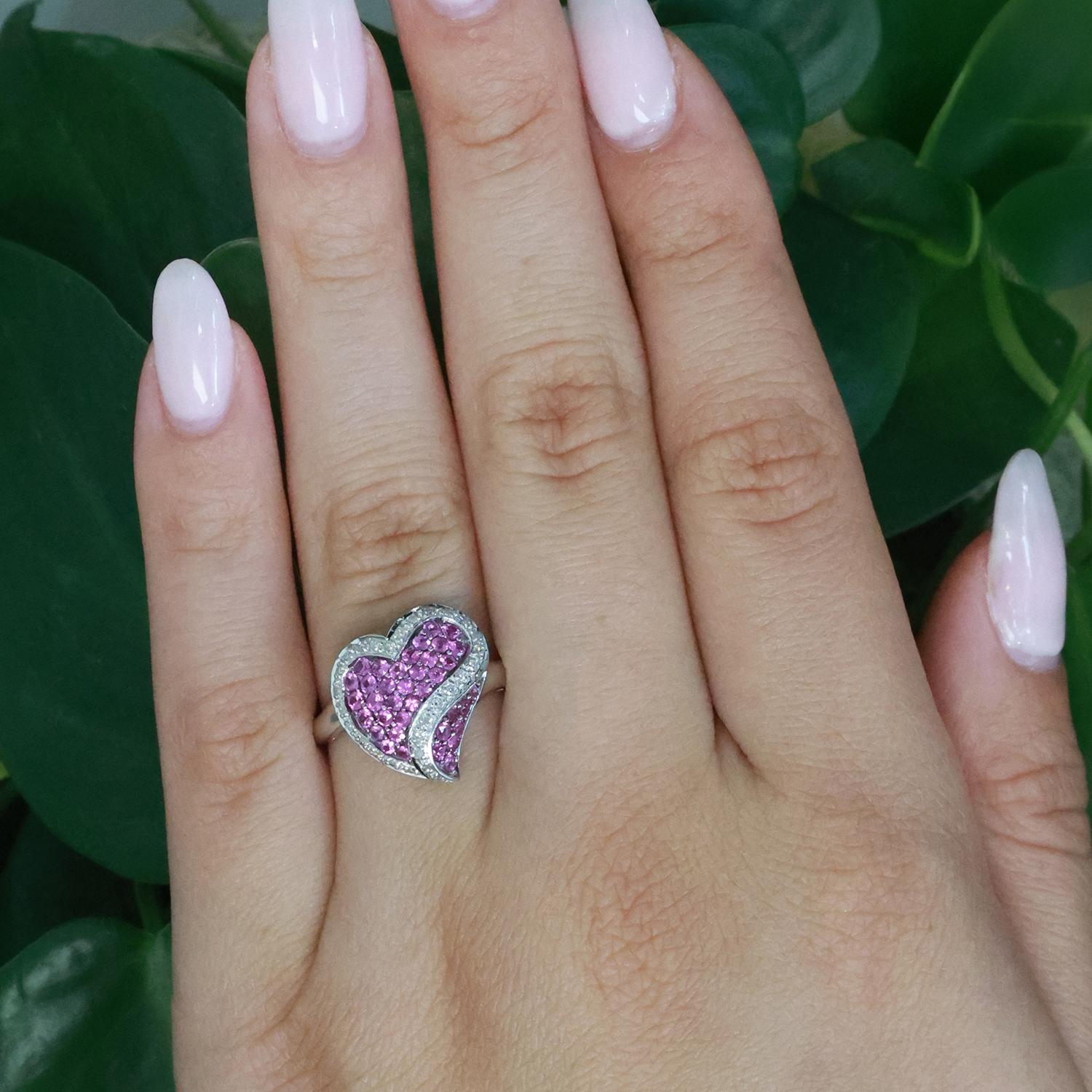 Cluster Pink Sapphire Diamond Heart Ring 10K White Gold 0.85 CTW Ladies SZ 7.25