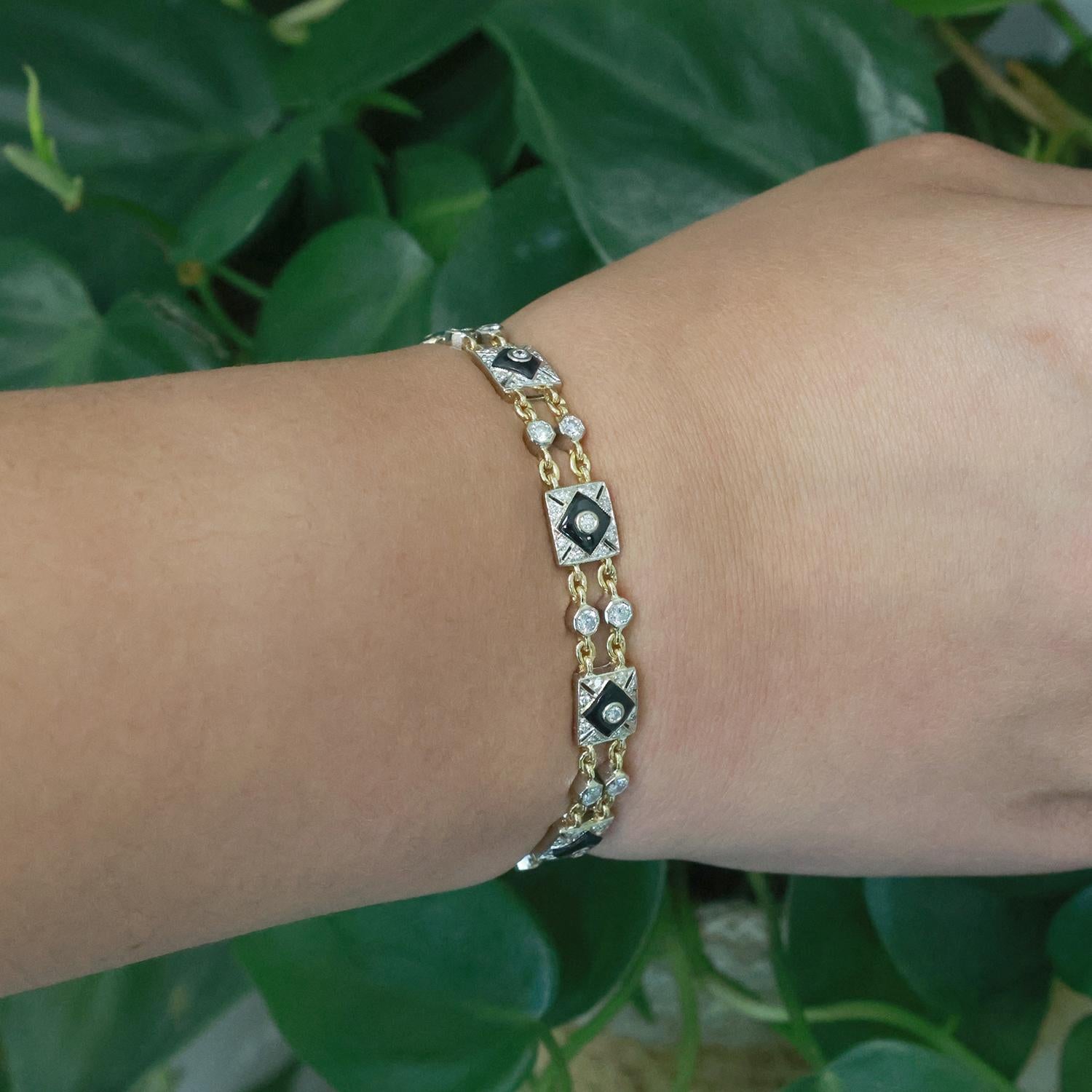 18KT Gold Diamond Onyx Station Bracelet 6.5" Ladies Vintage Estate