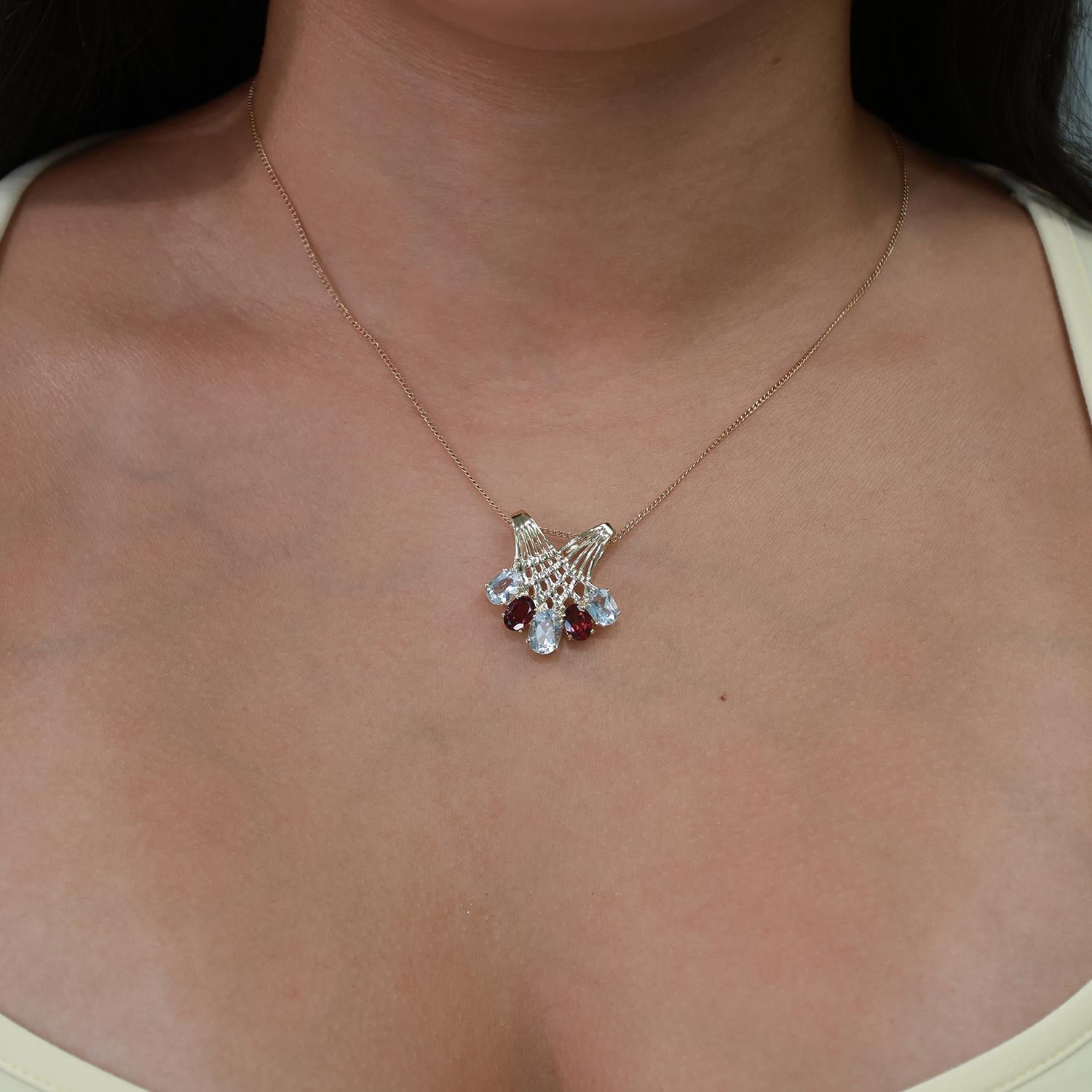 4.36 CTW Aquamarine Garnet Lattice Slider Pendant 10K Yellow Gold 1.10" Estate