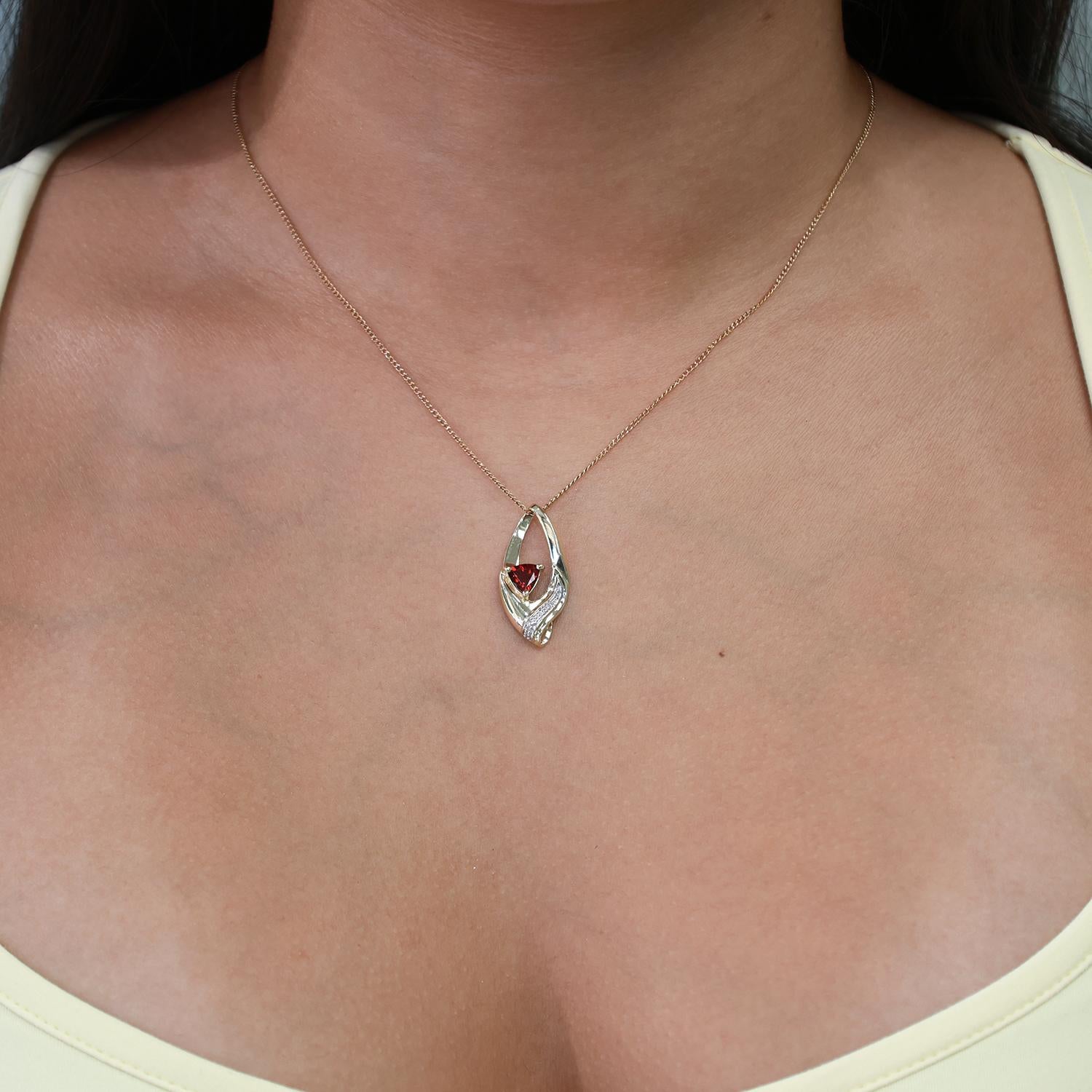 Garnet Diamond Swirl Pendant 10K Gold 0.86 CTW Trillion Cut Gem 1.10" Estate