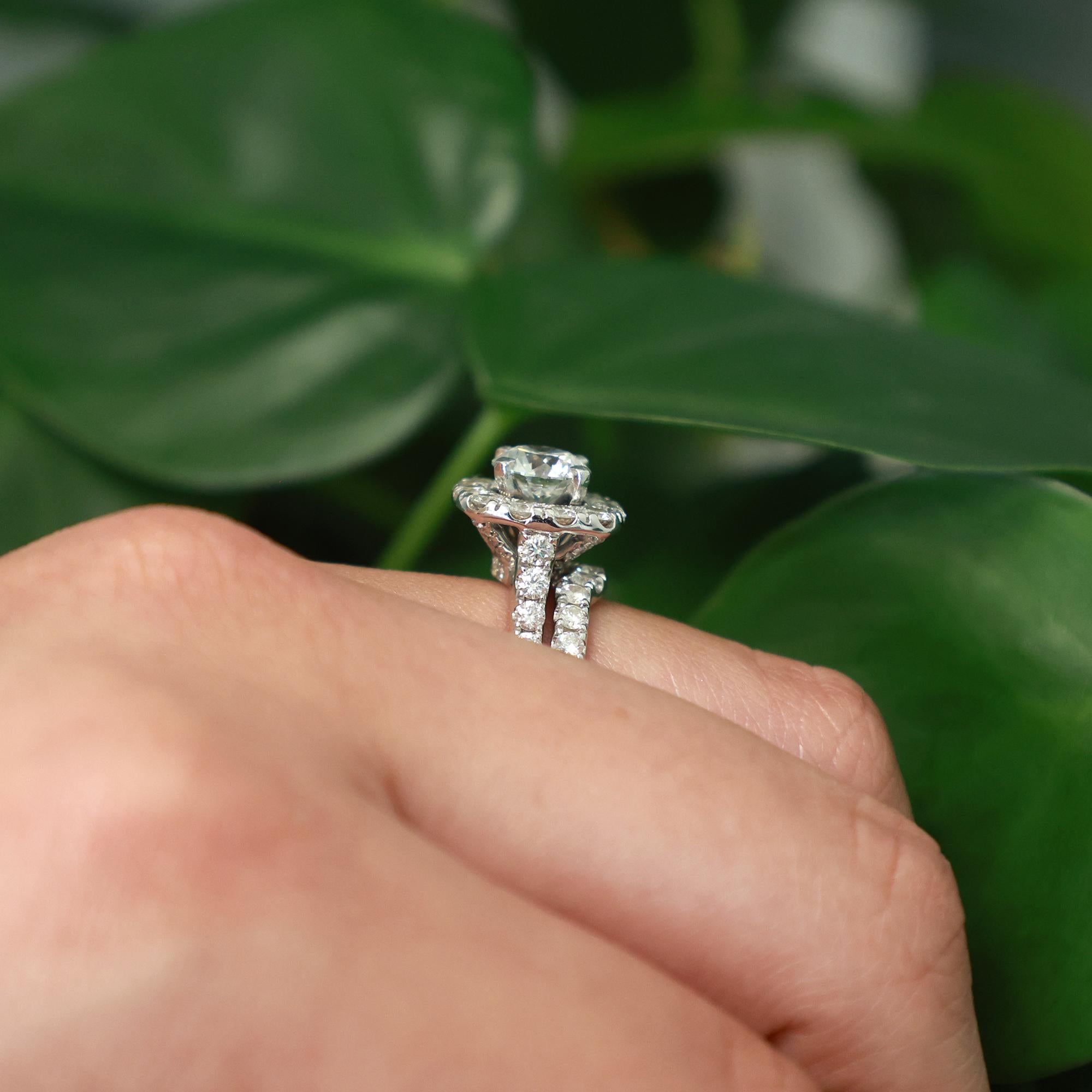 3.20 TW Halo Diamond Engagement Wedding Ring Set GIA Cert 14K White Gold SZ 7.25