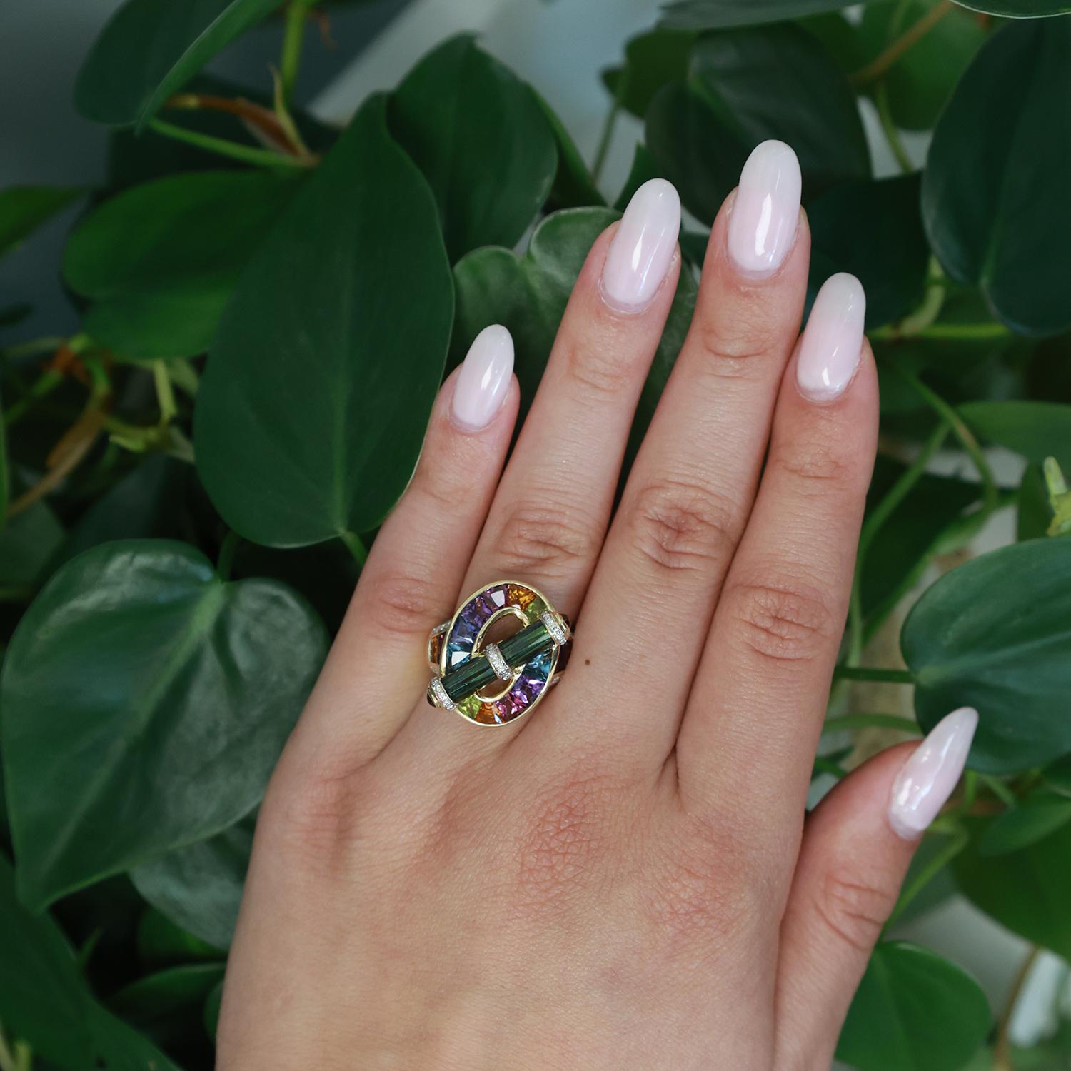 Bellarri Tourmaline Diamond Multi Colored Gem Ring 6.07 CTW 18K Gold SZ 7.25