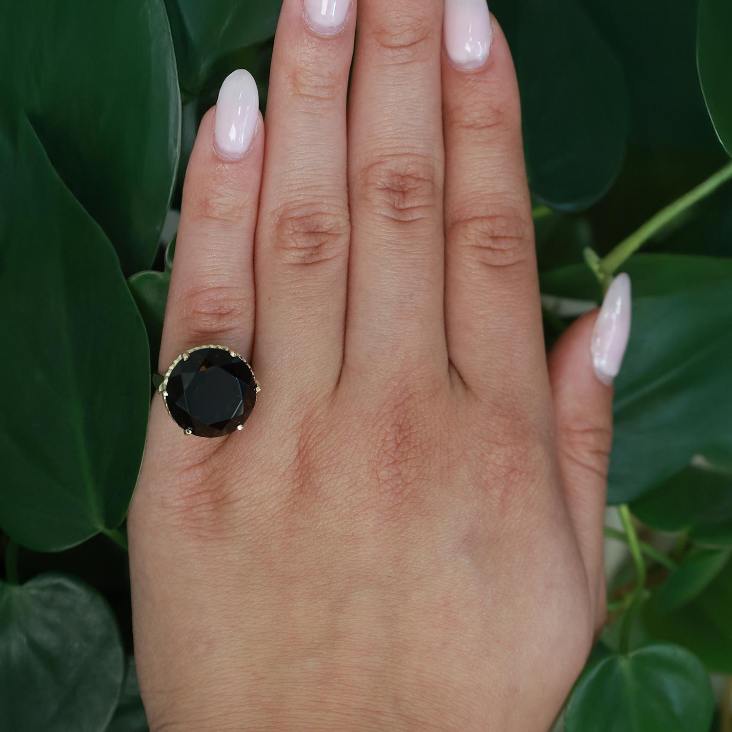 Smoky Quartz Solitaire Filigree Cocktail Ring 14.56 CT 14K Yellow Gold Size 4.75