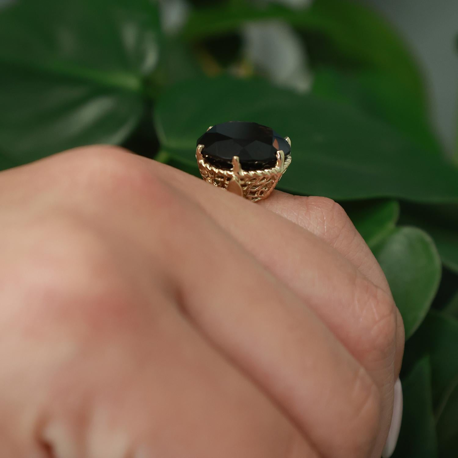 Smoky Quartz Solitaire Filigree Cocktail Ring 14.56 CT 14K Yellow Gold Size 4.75