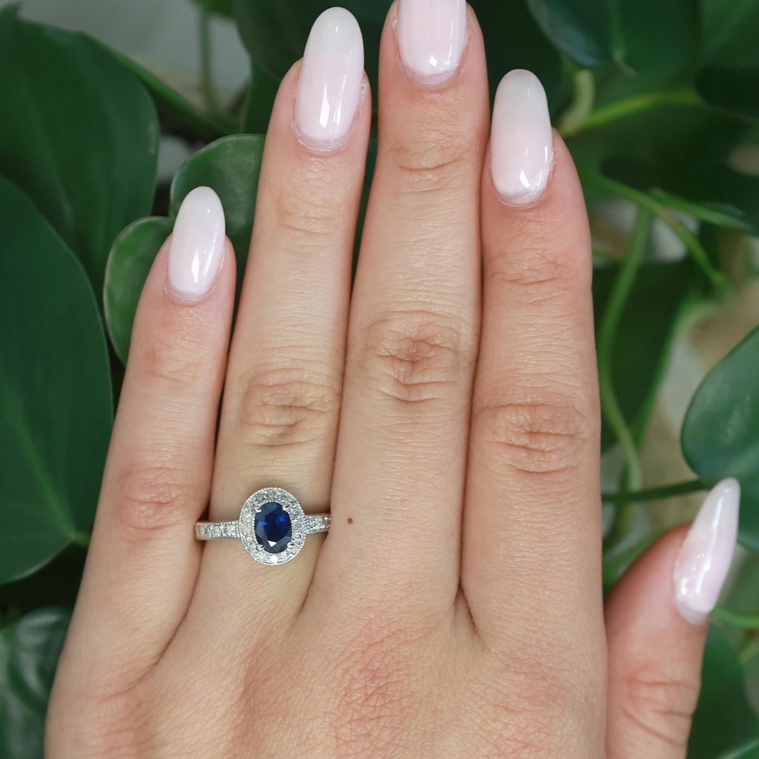 Sapphire Diamond Halo Ring 14K White Gold 1.43 CTW Size 7.25 Ladies Estate