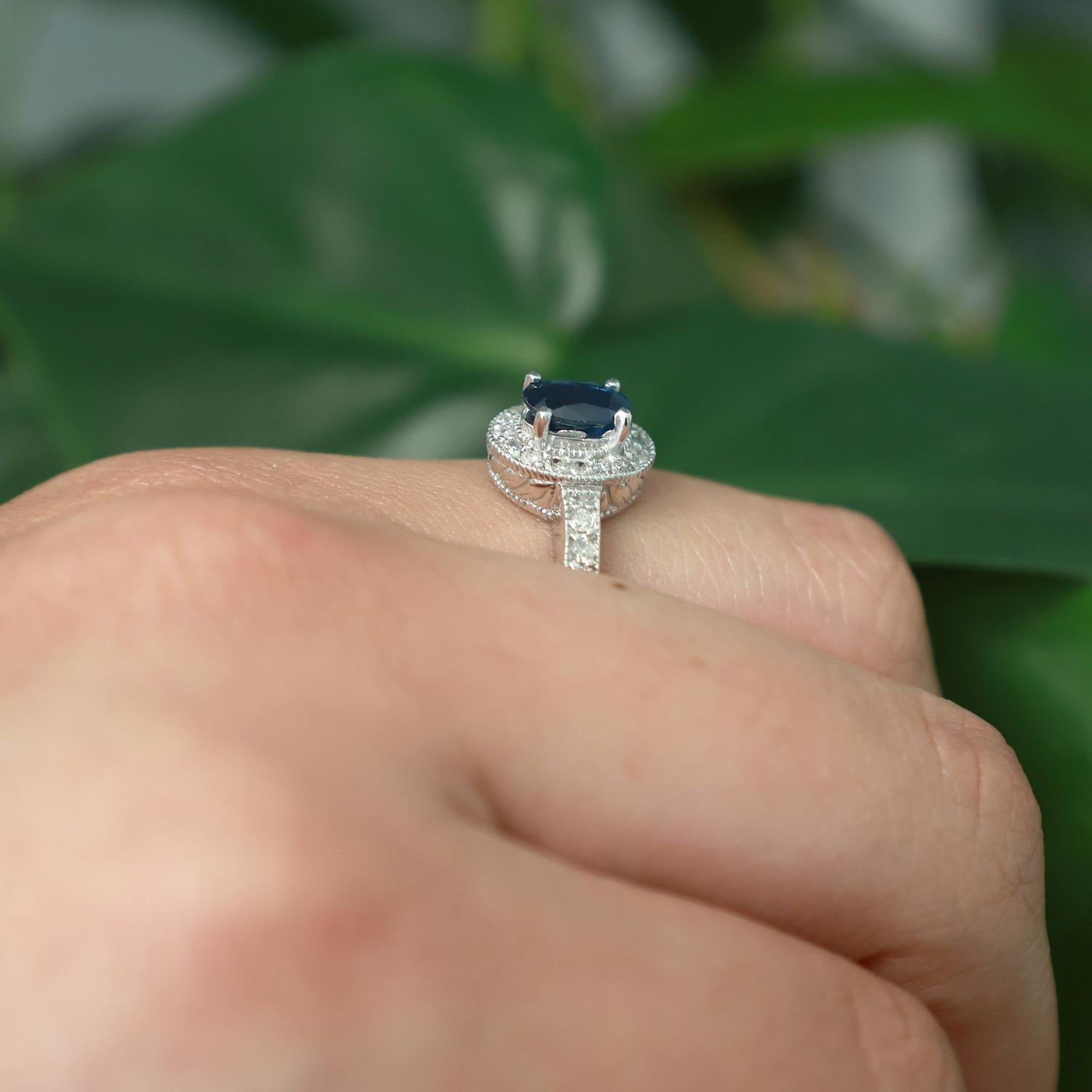 Sapphire Diamond Halo Ring 14K White Gold 1.43 CTW Size 7.25 Ladies Estate