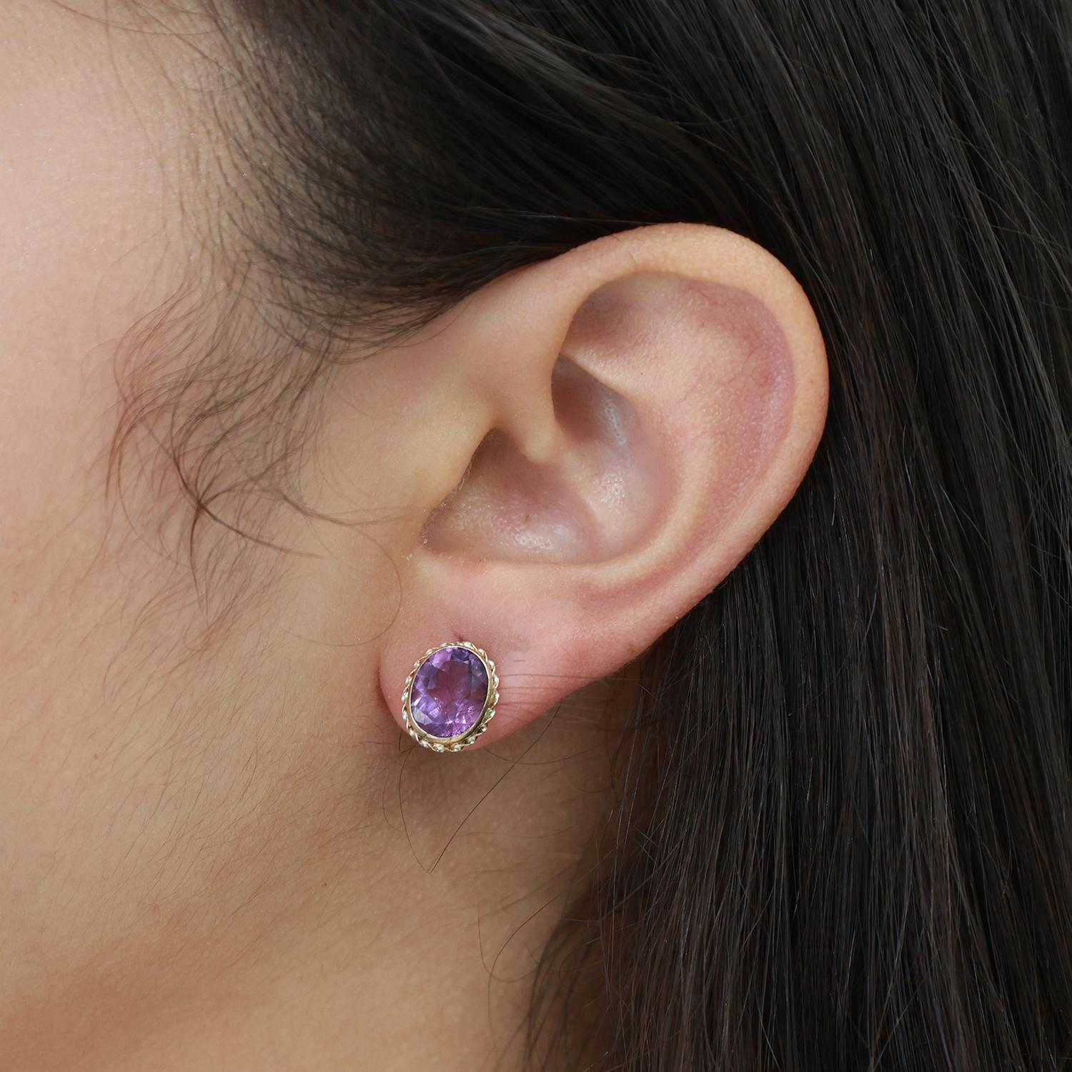Oval Amethyst Gemstone Stud Earrings 14K Yellow Gold 4.80 CTW 0.45" Drop Ladies