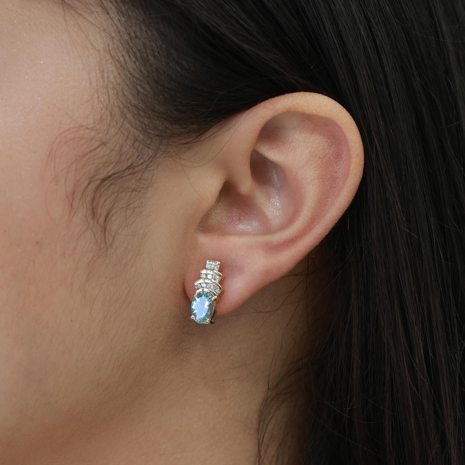 Blue Topaz Diamond Drop Earrings 14K Yellow Gold 3.39 CTW 0.47" Ladies Estate