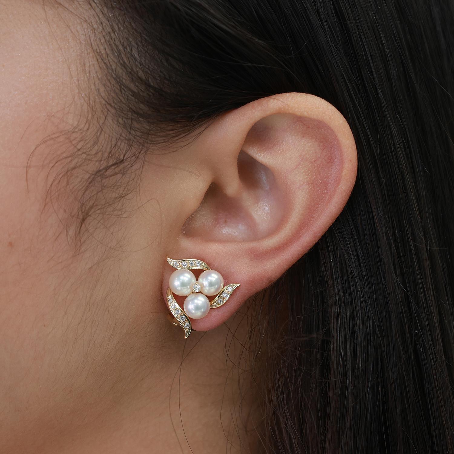 Mikimoto Cultured Akoya Pearl Diamond Floral Earrings 18K Yellow Gold 0.65"