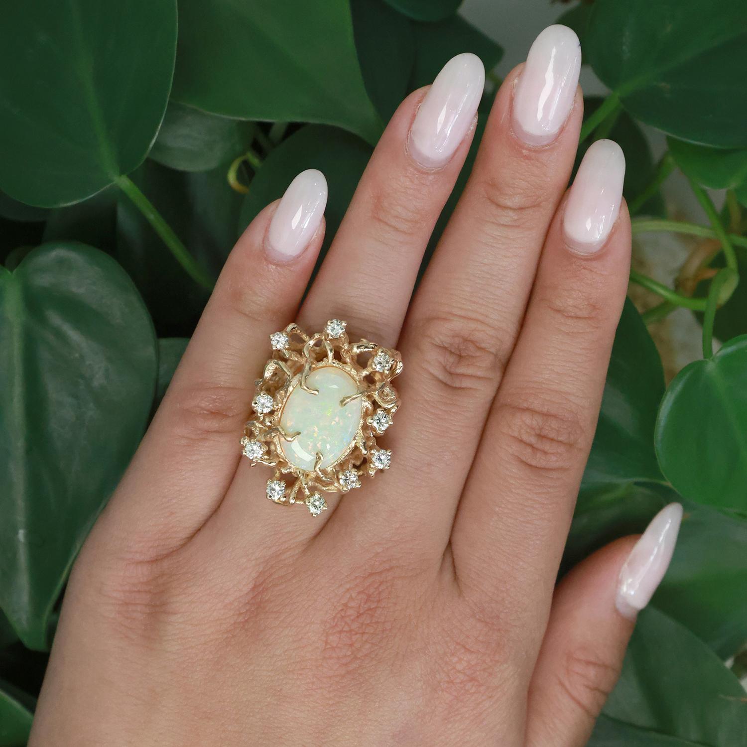 Brutalist Opal Diamond Statement Ring 14K Yellow Gold 7.30 CTW Size 5.25 Estate