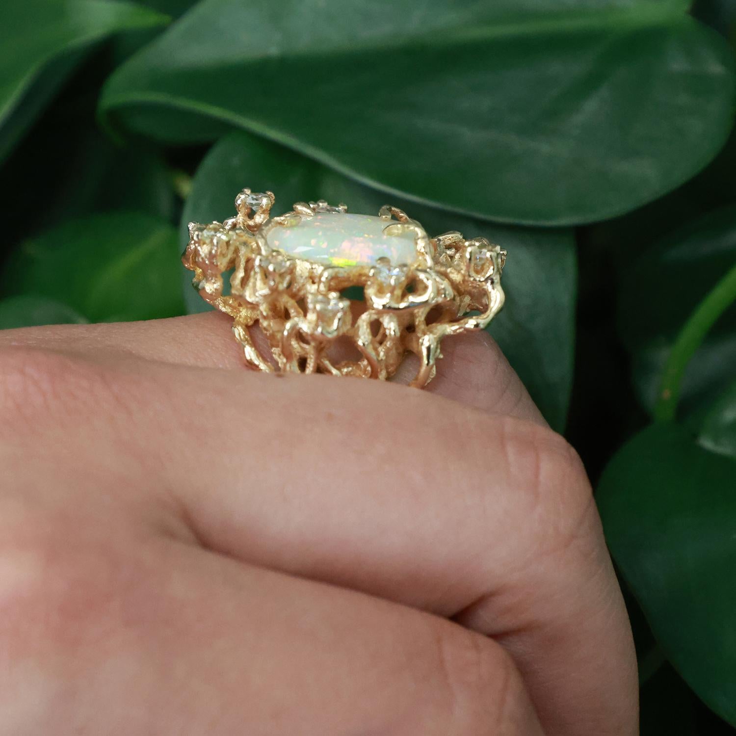 Brutalist Opal Diamond Statement Ring 14K Yellow Gold 7.30 CTW Size 5.25 Estate