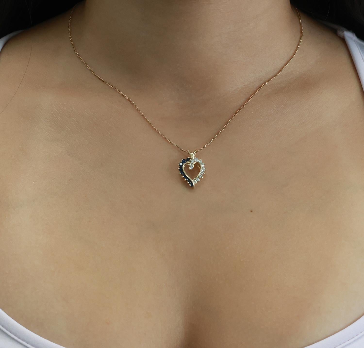 Sapphire Diamond Open Heart Pendant 14K Yellow Gold 0.85 CTW 0.80" Ladies Estate