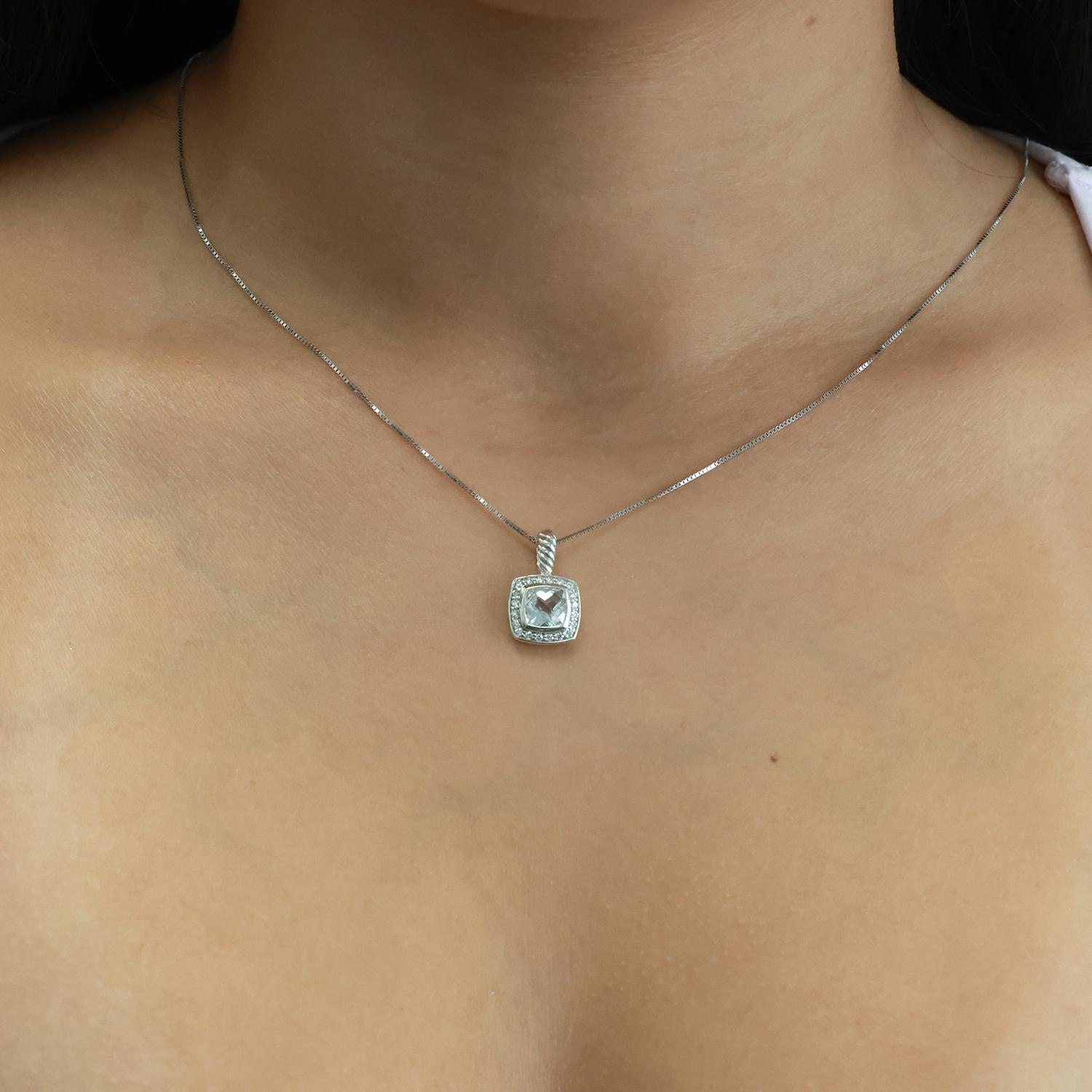 David Yurman Petite Albion Blue Topaz Diamond Halo Pendant Sterling Silver 0.75"