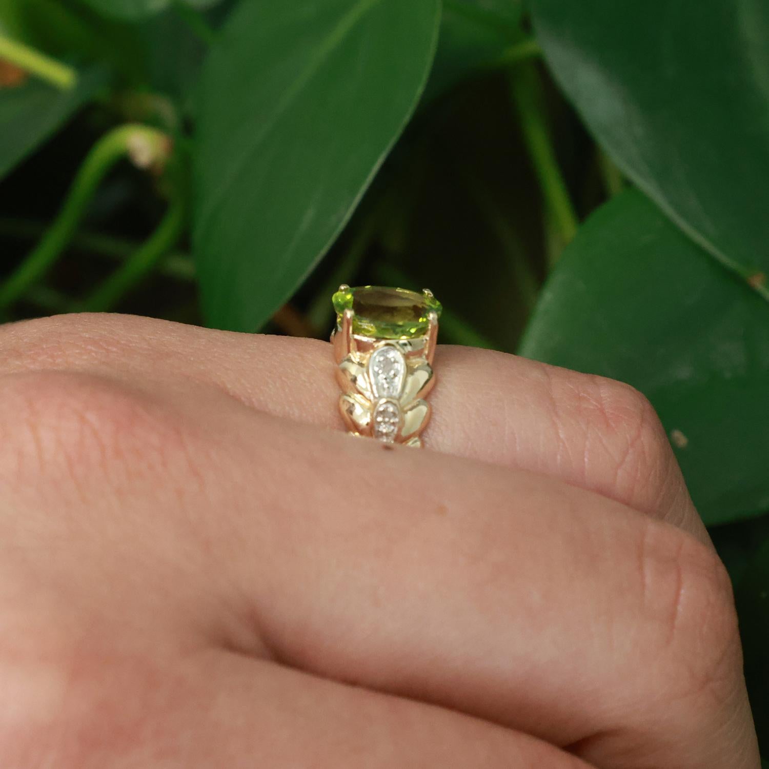 Solitaire Peridot Diamond Accent Ring 14K Gold 2.01 CTW Size 6 Estate
