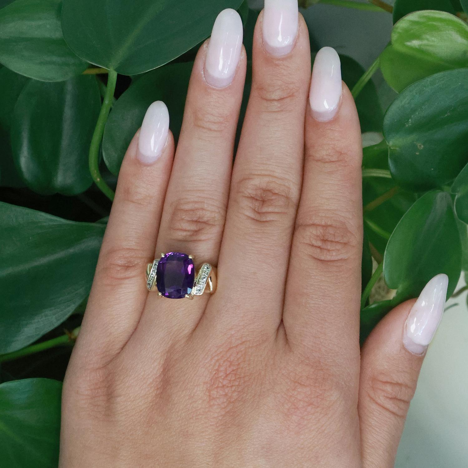 Solitaire Amethyst Diamond Cocktail Ring 14K Yellow Gold 4.86 CTW Size 7 Estate