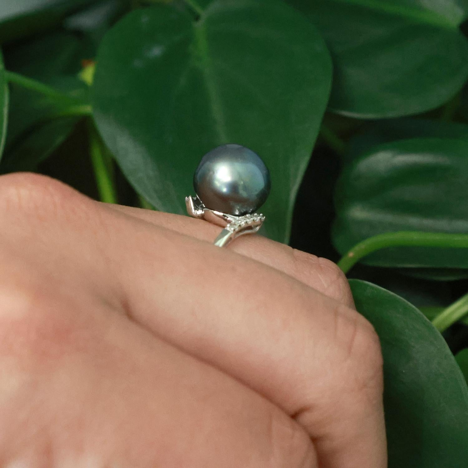 Cultured South Sea Pearl Diamond Cocktail Ring 10K White Gold Size 7.25 Ladies